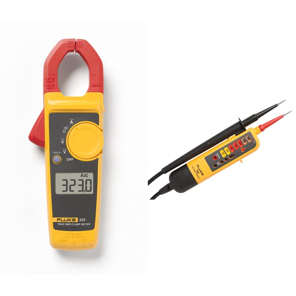 FLUKE AC TRMS 323 Clamp Multimeter, 8 DC Voltage Measurements up to 600 V & T90 Voltage and Continuity Testers T90/T110/T130/T150