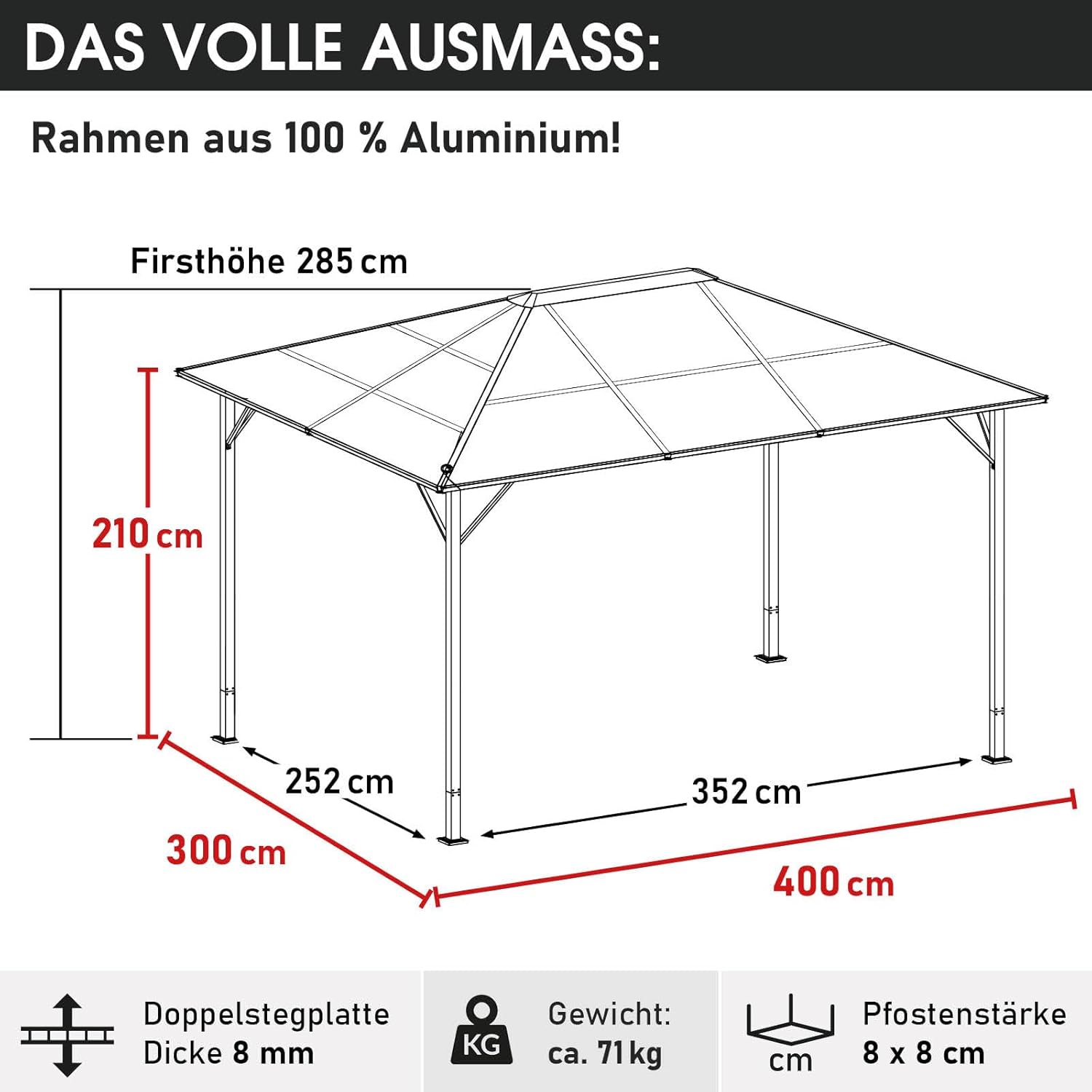 Brast Garden Gazebo, Aluminium, 2 Colours, 3 Sizes and 16 Models, 3 x 3 m / 3 x 4 m / 3.6 x 4.8 m