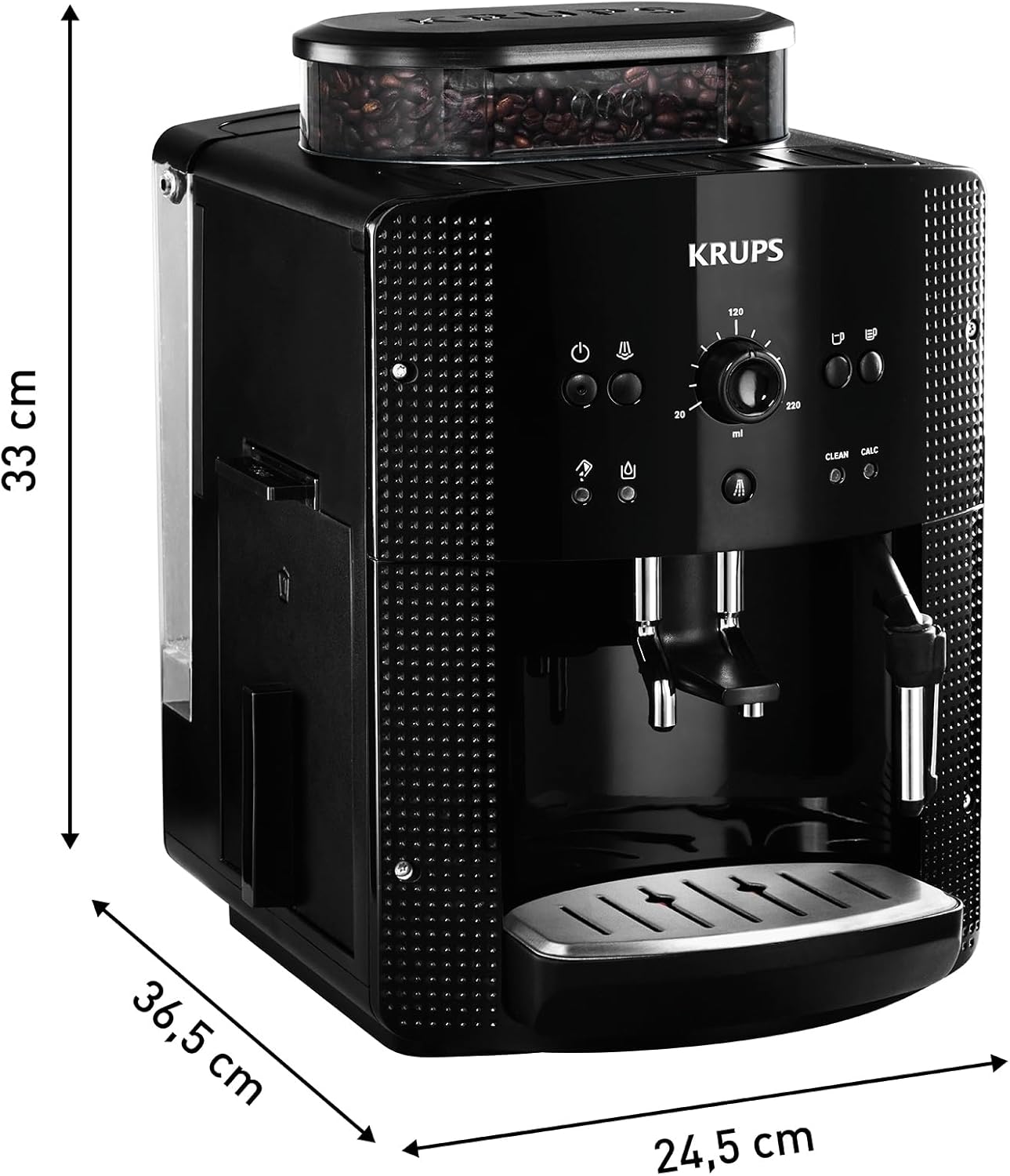 Krups Machine à café grain, 1,7 L, 2 tasses en simultané, Nettoyage automatique, Buse vapeur pour Cappuccino, Cafetière espresso, Essential noire YY8125FD