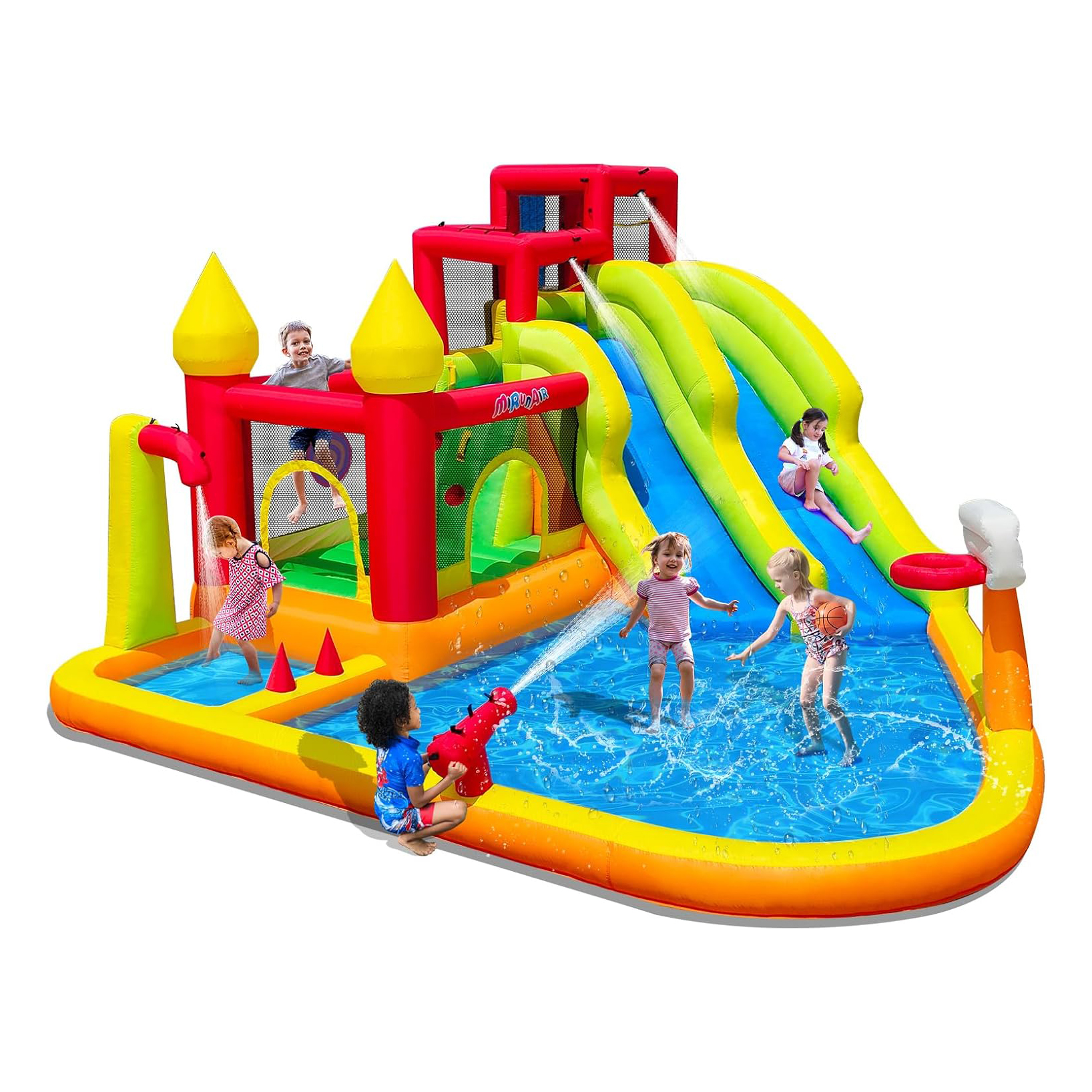 Inflatable Bounce House with Slides, Inflatable Water Slide for Kids Backyard, Bounce Water Prak with Air Blower, Splash Pool, Water Cannon, Climbing Wall, Outdoor Backyard Water Park
