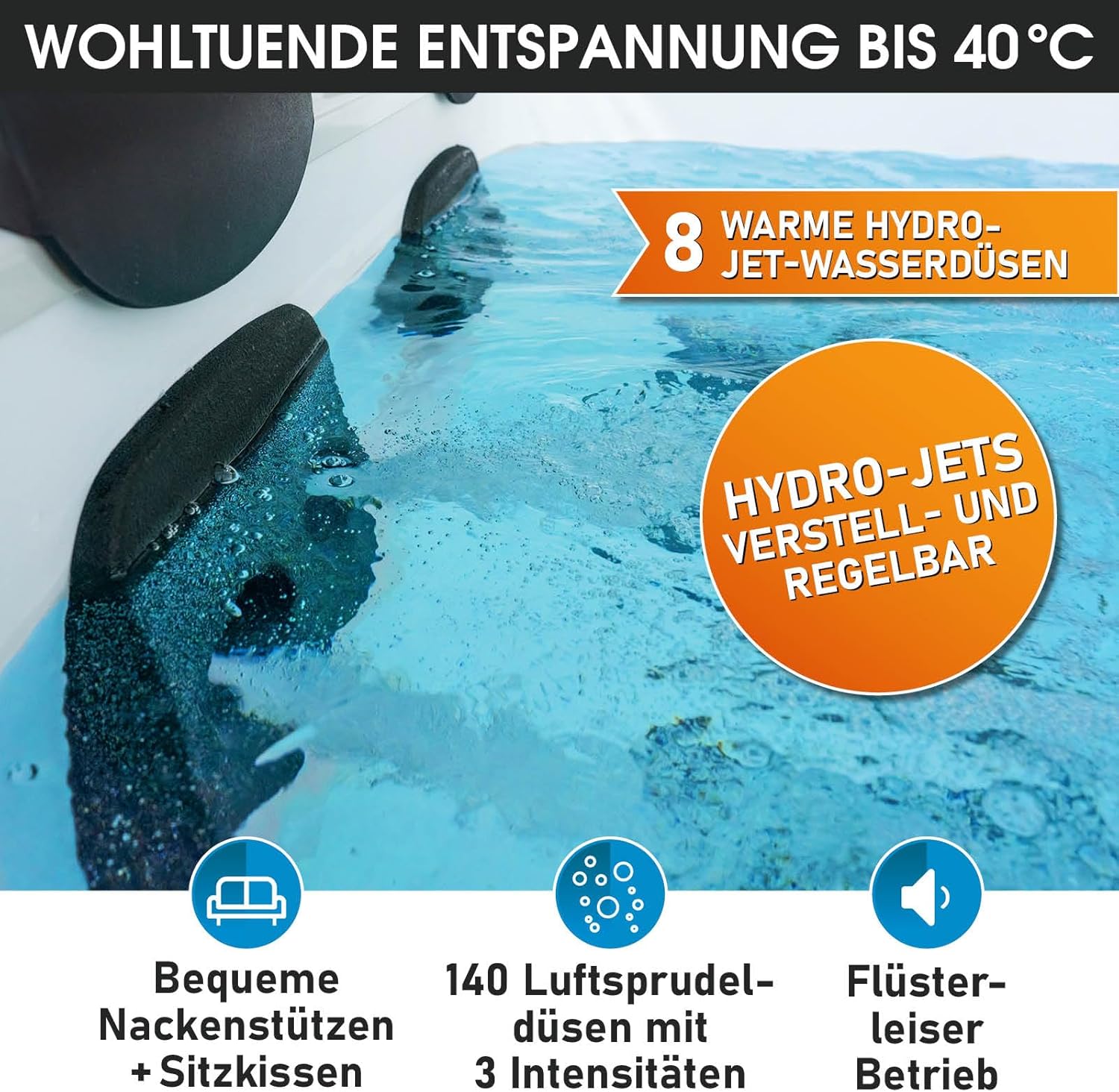 BRAST® Whirlpool MSpa Oslo Plus XXL with Fixed Outer Wall LED Lighting 20 Adjustable Colours for 6 People 180 x 180 x 65 cm 140 Massage Jets All Year Round Use Winterproof Indoor & Outdoor Pool