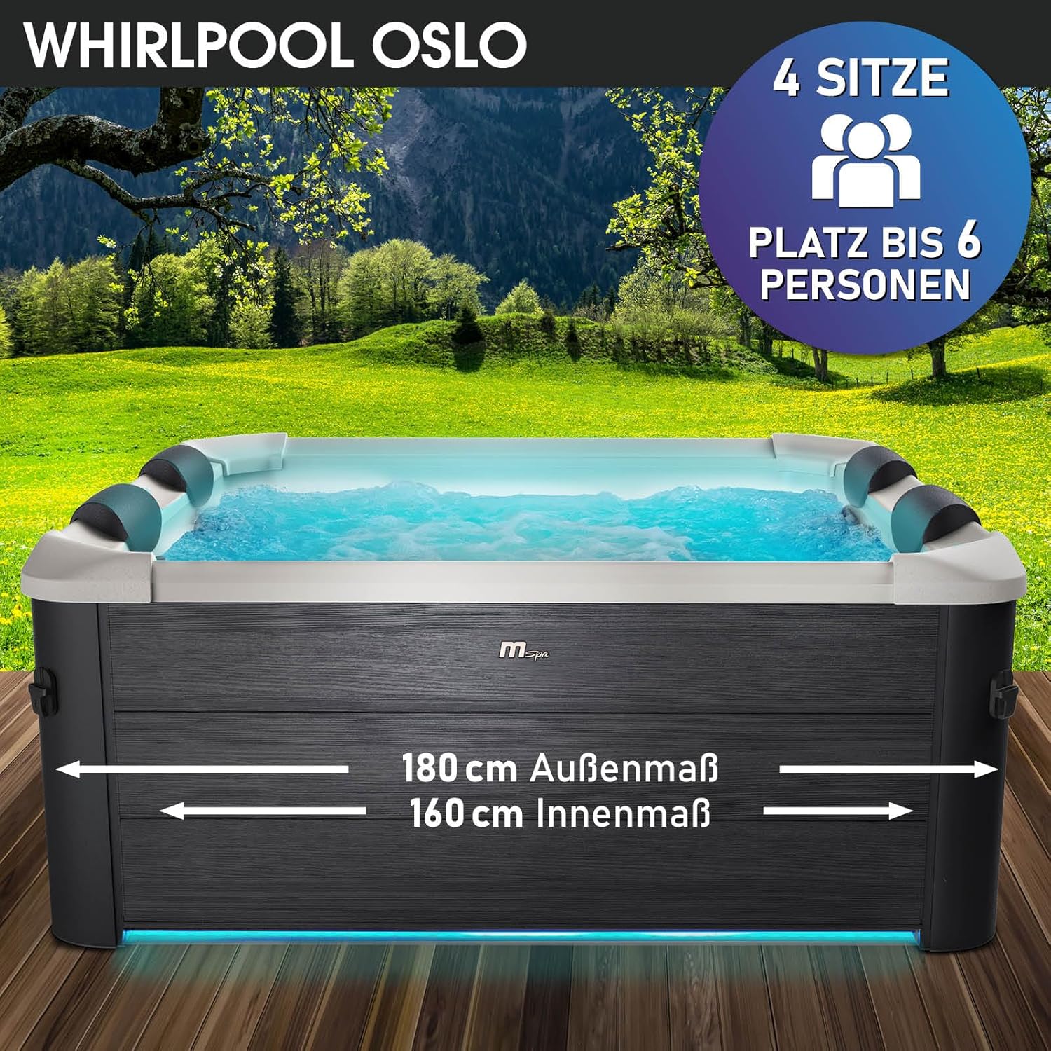 BRAST® Whirlpool MSpa Oslo Plus XXL with Fixed Outer Wall LED Lighting 20 Adjustable Colours for 6 People 180 x 180 x 65 cm 140 Massage Jets All Year Round Use Winterproof Indoor & Outdoor Pool