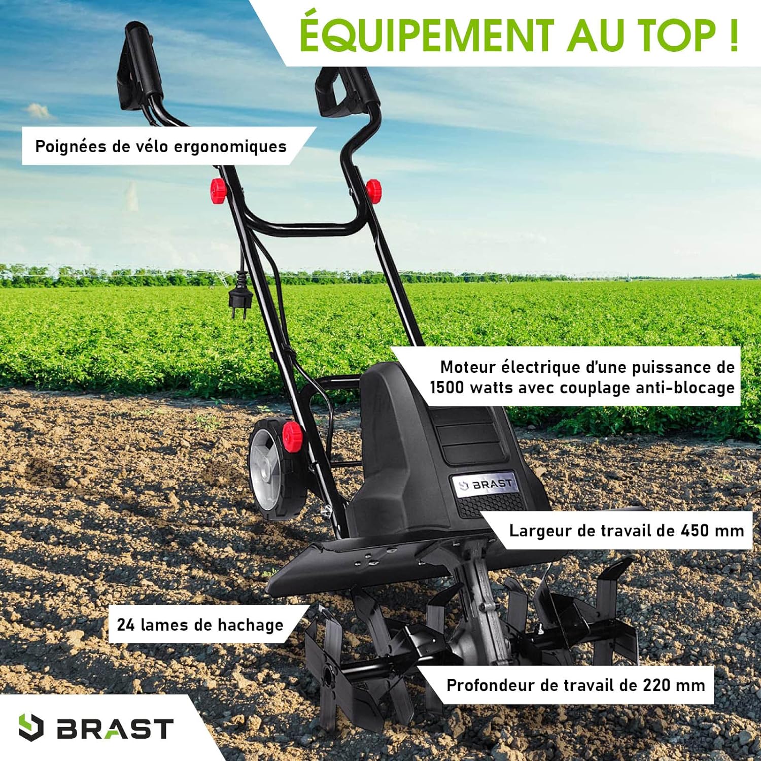 BRAST electric tiller: 1500 Watt - 45 cm Width, 22 cm Working Depth - 6 Cutters - 24 Blades -3 Mod Diff. power - very safe - 400 TRS/Min - electric tiller, Wired