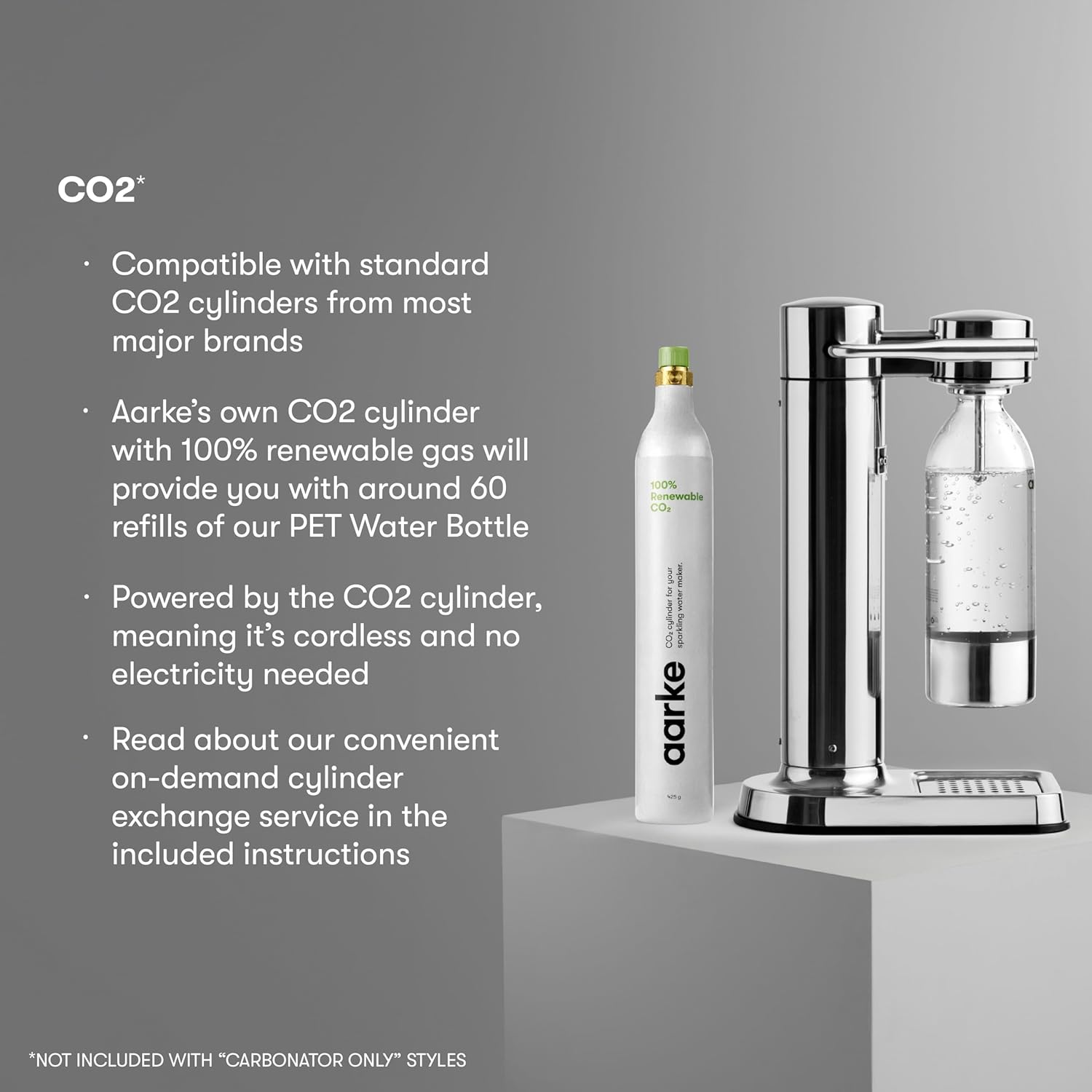 aarke Carbonator lll with CO2 Cylinder, Sparkling & Carbonation Water Machine, Stainless Steel with PET BPA-Free Reusable Bottle Volume 800 mL (Stainless Steel)