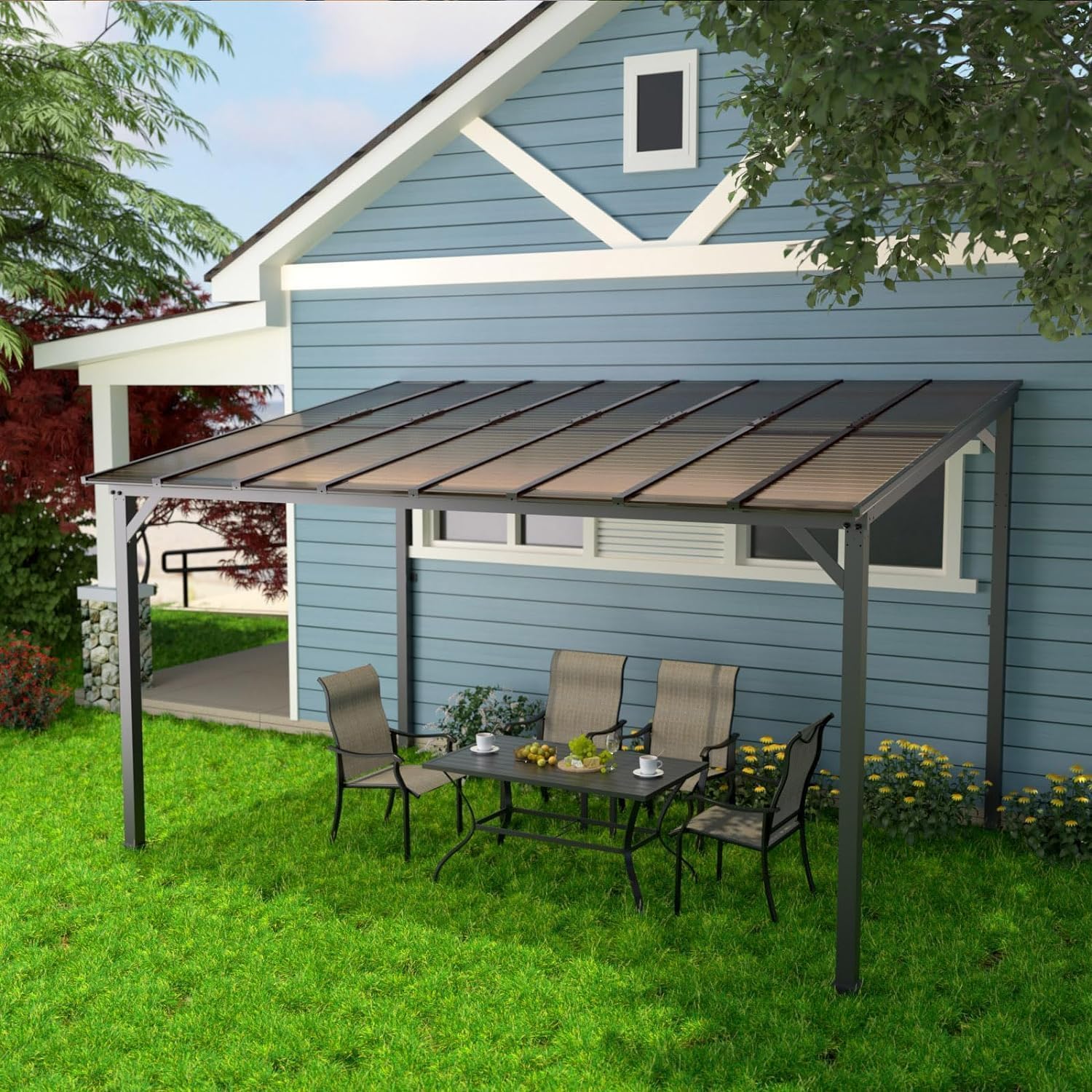 UDPATIO Borneo Patio Canopy 4.2 x 3 m with Sturdy Steel Frame and UV Polycarbonate Roof for Garden, Patio Champagne. Approx. 8 x 8 cm Profile