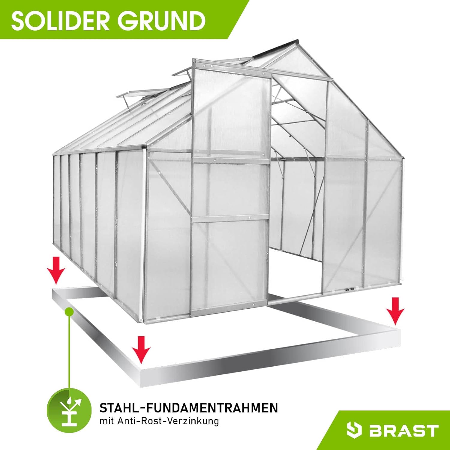 BRAST Aluminium Greenhouse with Base 380 x 250 x 205 cm, TÜV Tested, 6 mm Hollow Chamber Panels, Rustproof/Weatherproof/Temperature-Resistant