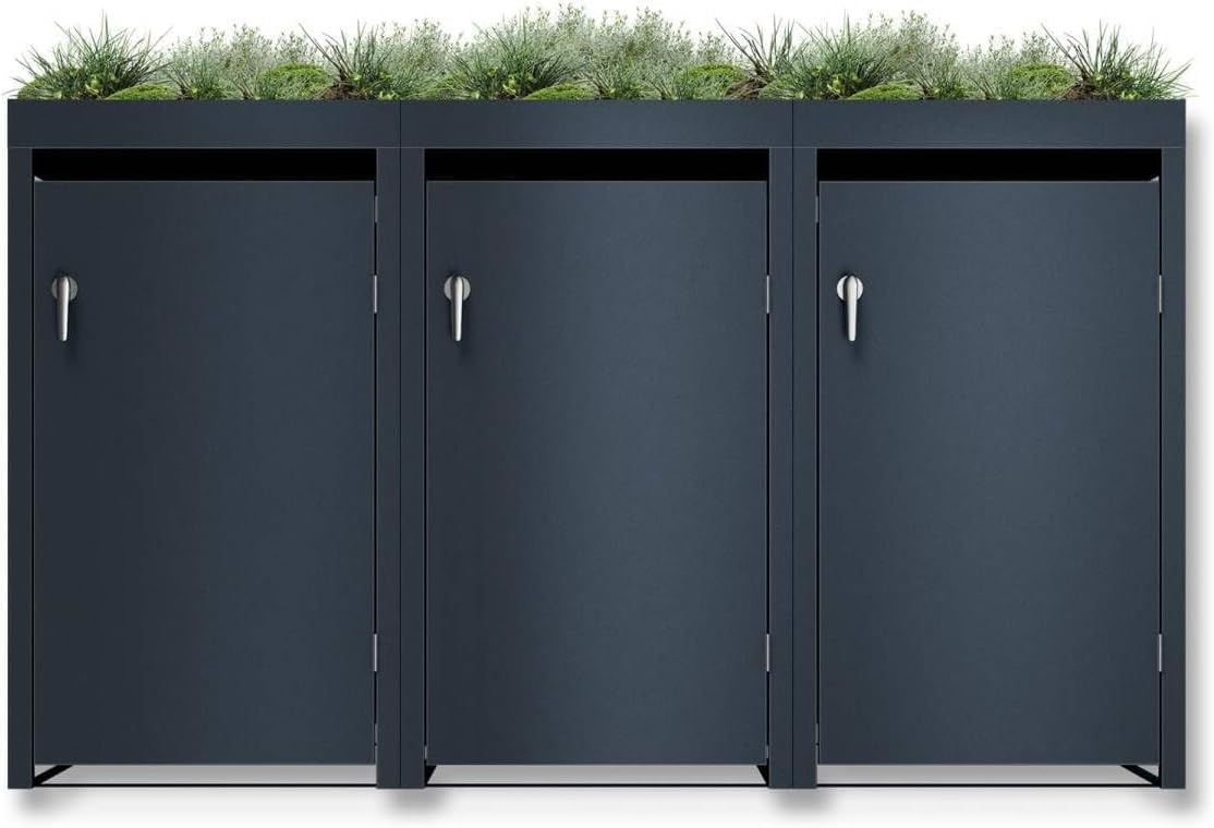 Metzler Wheelie Bin Box 4 Bins 240 L with Plant Roof, Roof Greenery in Anthracite with Plant Roof, Weatherproof, Pack of 4, Waste Container, Bin House, Lockable, Garden Box, Rubbish Box