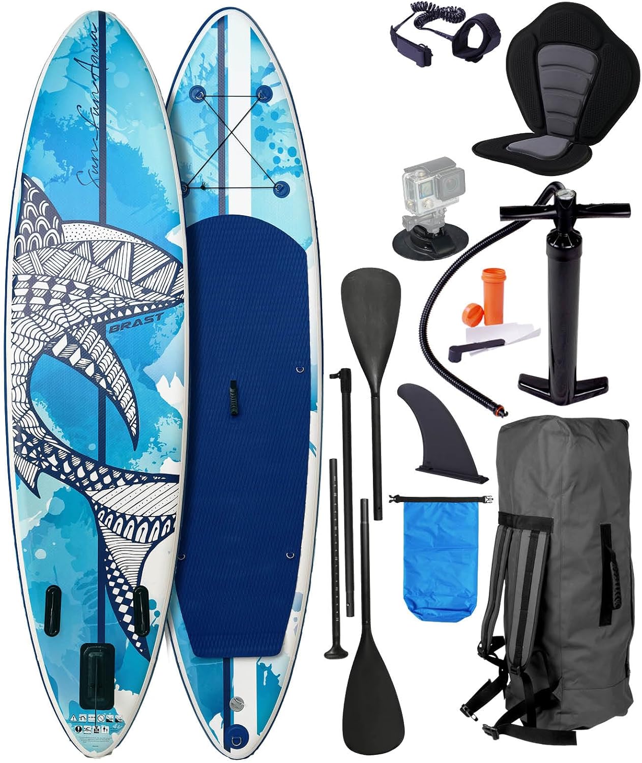 BRAST® SUP Board, Shark, Inflatable Stand Up Paddle Set, 300–320 cm, Many Models, Includes Special Accessories, 2-in-1 Paddle, Kayak Seat, Action Cam Holder, Foot Strap, Pump, Backpack