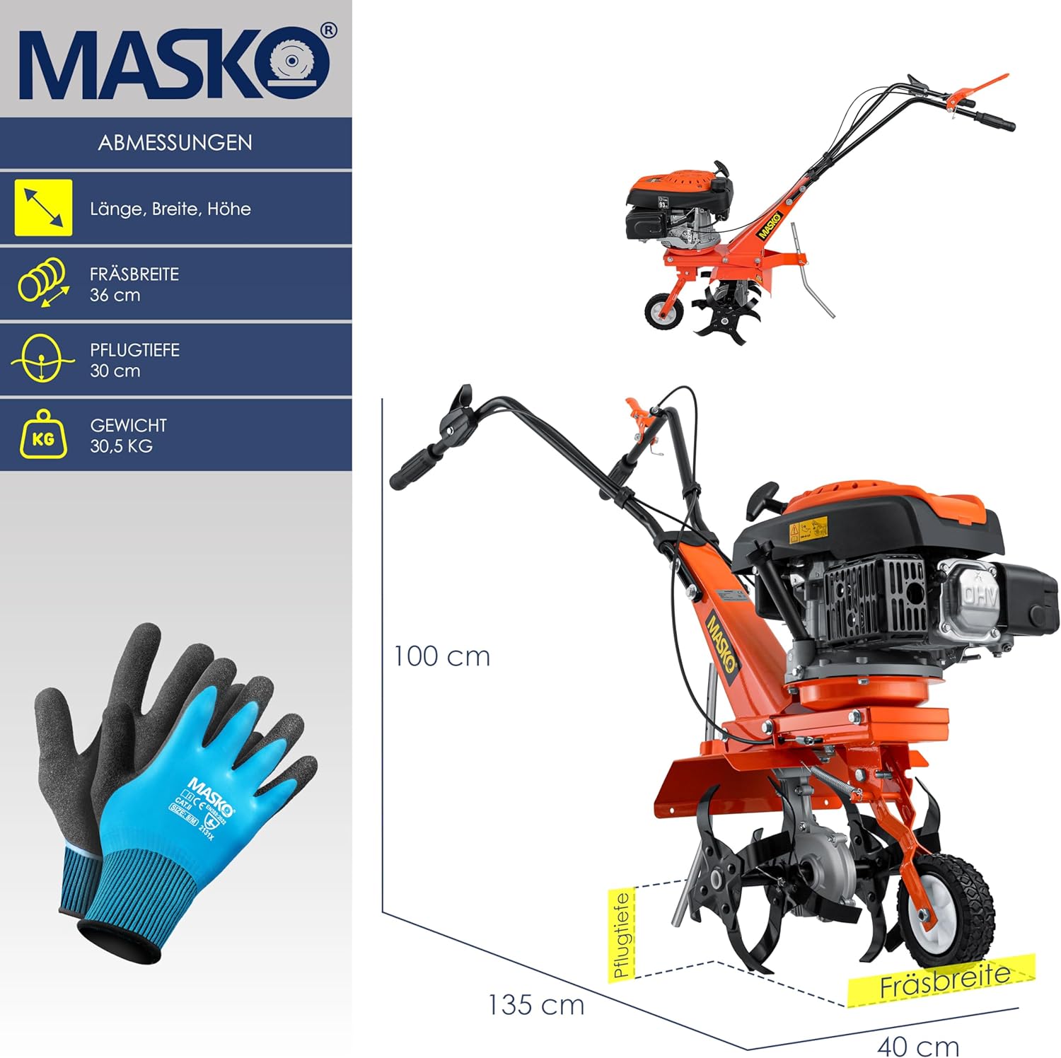 MASKO Petrol Tiller MK-909 Tiller 3 KW (4.1 HP) 139 cm³ with Working Width of 36 cm – 4-Stroke Engine – 16 Hard Blades – Tiller – Cultivator – Tiller – Tiller –