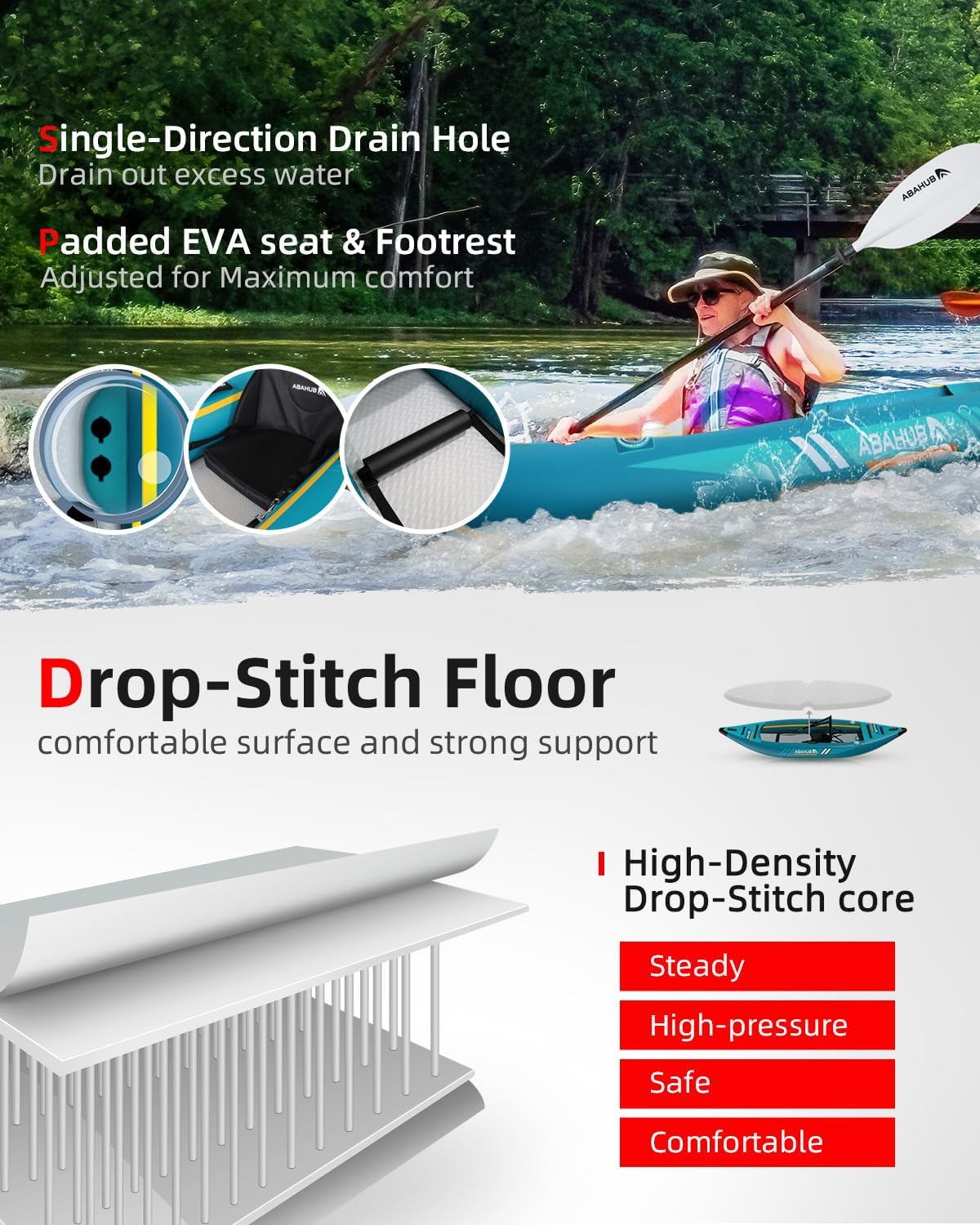 Abahub Inflatable Kayak 320 cm / 420 cm Inflatable Kayak with Kayak Paddle, Kayak Seat, Footrest, Hand Pump and Bag for Kayaking, Canoe Dinghy, 1/2 Space, 320/420 x 89 x 23 cm