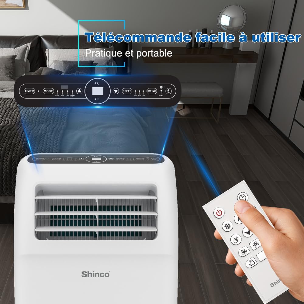 SHINCO Climatiseur Mobile Wifi 12000 BTU/h, Eco R290, 3,5 kW, 4 en 1 Refroidissement, Chauffage, ventilateur, Déshumidificateur, Blanc [Classe énergétique A]