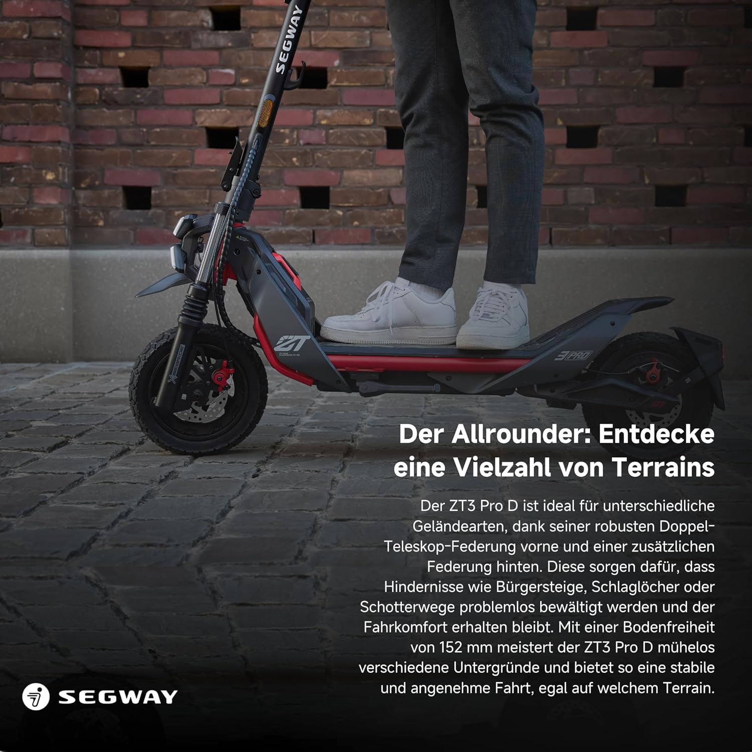 Segway ZT3 Pro D, E-Scooter mit Straßenzulassung, 70 km Eco- Reichweite, 56km Reichweite bei 20km/h, Vollfederung, 120 kg Tragfähigkeit, 25% Steigung, Apple FindMy,Offroad-Reifen, wasserfest, Ninebot