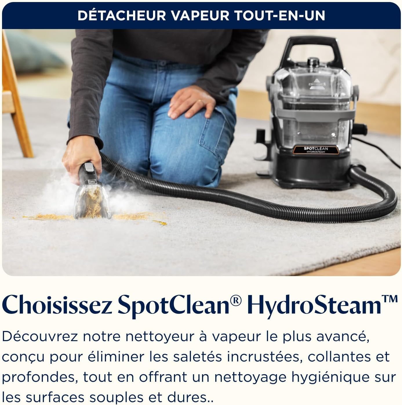 BISSELL SpotClean HydroSteam, Shampouineuse Canapé, Moteur Puissant de 1000W, Nettoyeur Vapeur avec Technologie HydroSteam, Nettoyeur pour Tapis, Moquettes, Meubles, Tissus, Voiture & Plus, 3689N