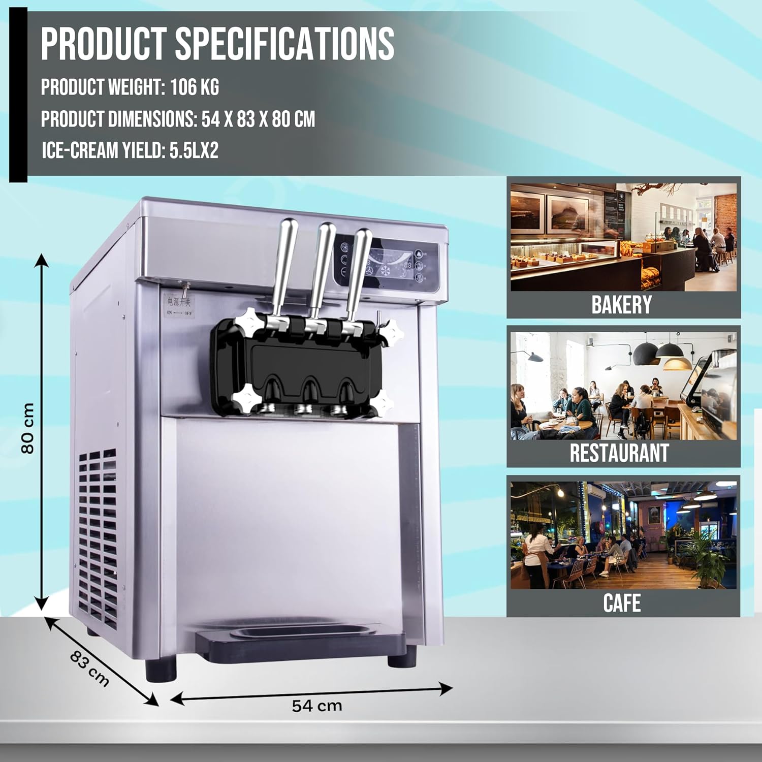 CVS D520S Triple Head Ice Cream Machine: 22L/H Output, 5.5Lx2 Refrigerated Hopper, 1.6LX2 Freezing Tank, Auto Operation, Microcomputer Control, 800W (ICE CREAM MACHINE)