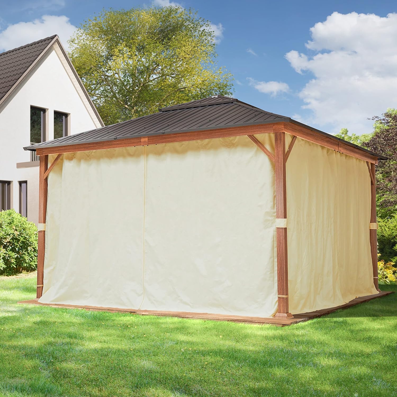 TOOLPORT Garden Gazebo 3 x 4 m Wood Effect Steel Roof Hardtop 4 Side Panels in Grey