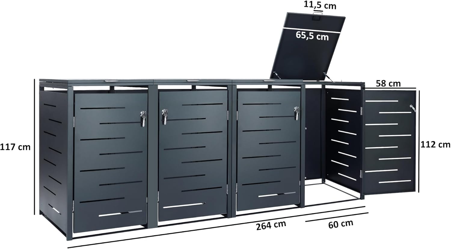 Zelsius Stainless Steel Wheelie Bin Box, 4 Bins, 120-240 Litres, Anthracite RAL 7016, Includes Extension Option, Garden Rubbish Bin Box, Set of 4, Storage Box for Wheelie Bins