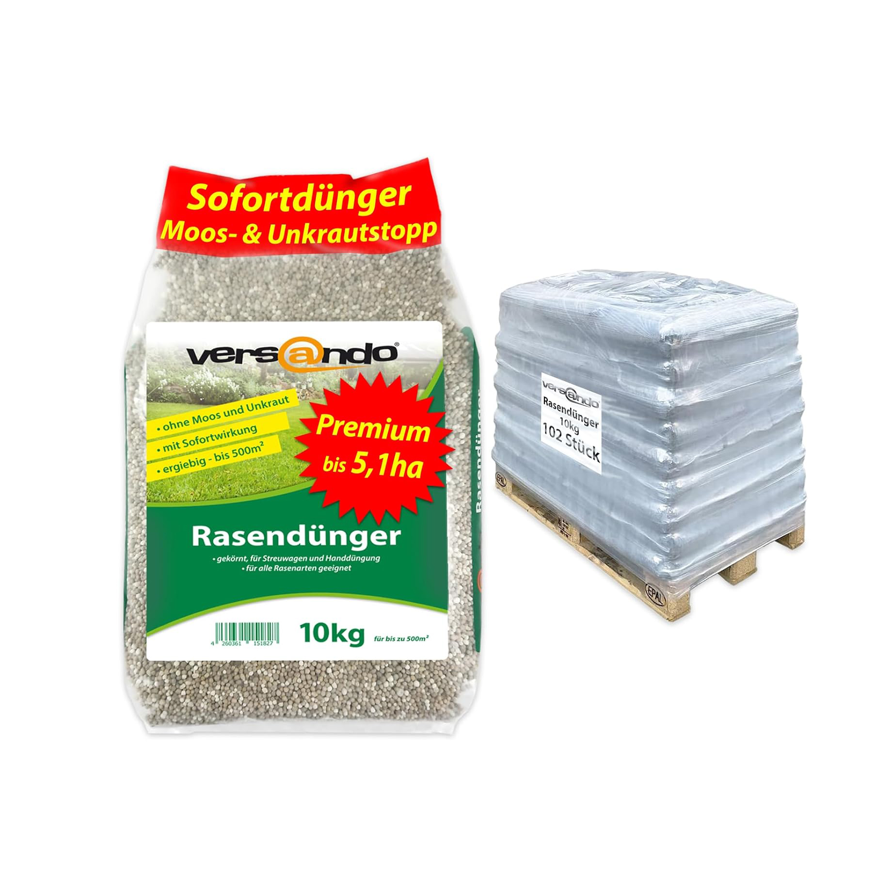versando Lawn Fertiliser, 510 kg, Spring, Up to 2.55 Hectares: Displaces Moss and Weeds for Healthy, Lush Green Lawn, Spring Fertiliser with Long-Term Effects, 1/2 Pallet, 51 x 10 kg, Premium Quality