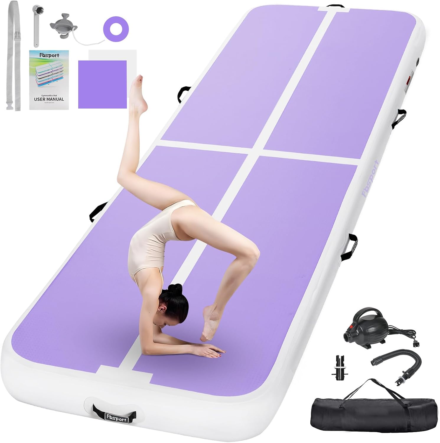 FBSPORT Airtrack Mat, 10/20 cm High Thick 2/3/4/5/6 / M Tumbling Mat, Gymnastics Mat with Air Pump, Training Mat with Carry Bag, Gym Mat for Home, Outdoor, Yoga, Exercise Gymnastics etc.