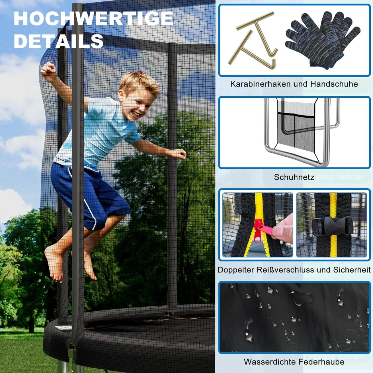 Devoko trampoline outdoor Ø 228 cm indoor trampoline children's garden trampoline, complete set with shoe net, ladder, edge cover, safety net, load capacity 150 kg