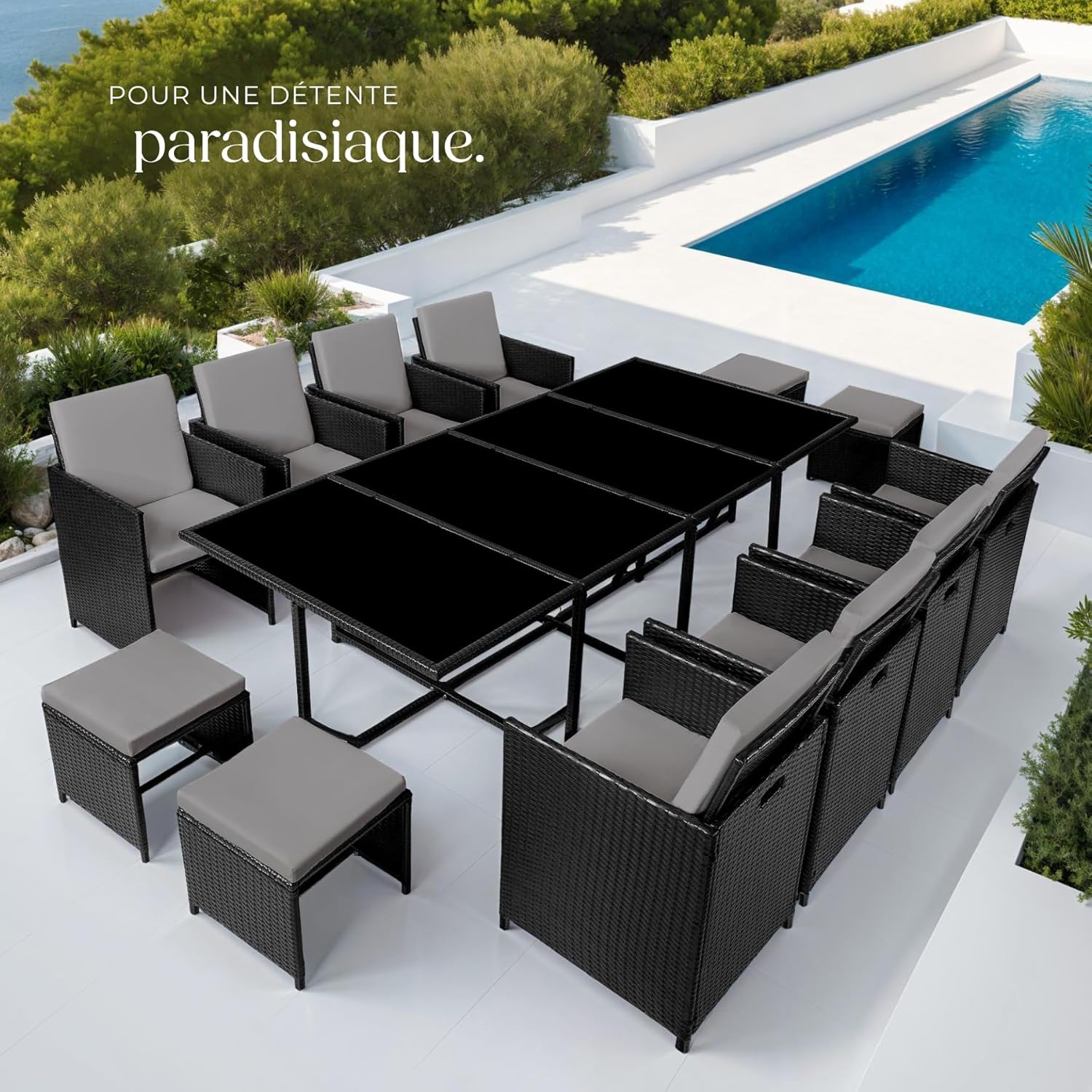 TecTake Rattan Garden Furniture Set - Outdoor Dining Set with 8 Comfortable Chairs, 4 Stools, and 1 Table - Balcony and Patio Furniture - Black/Grey