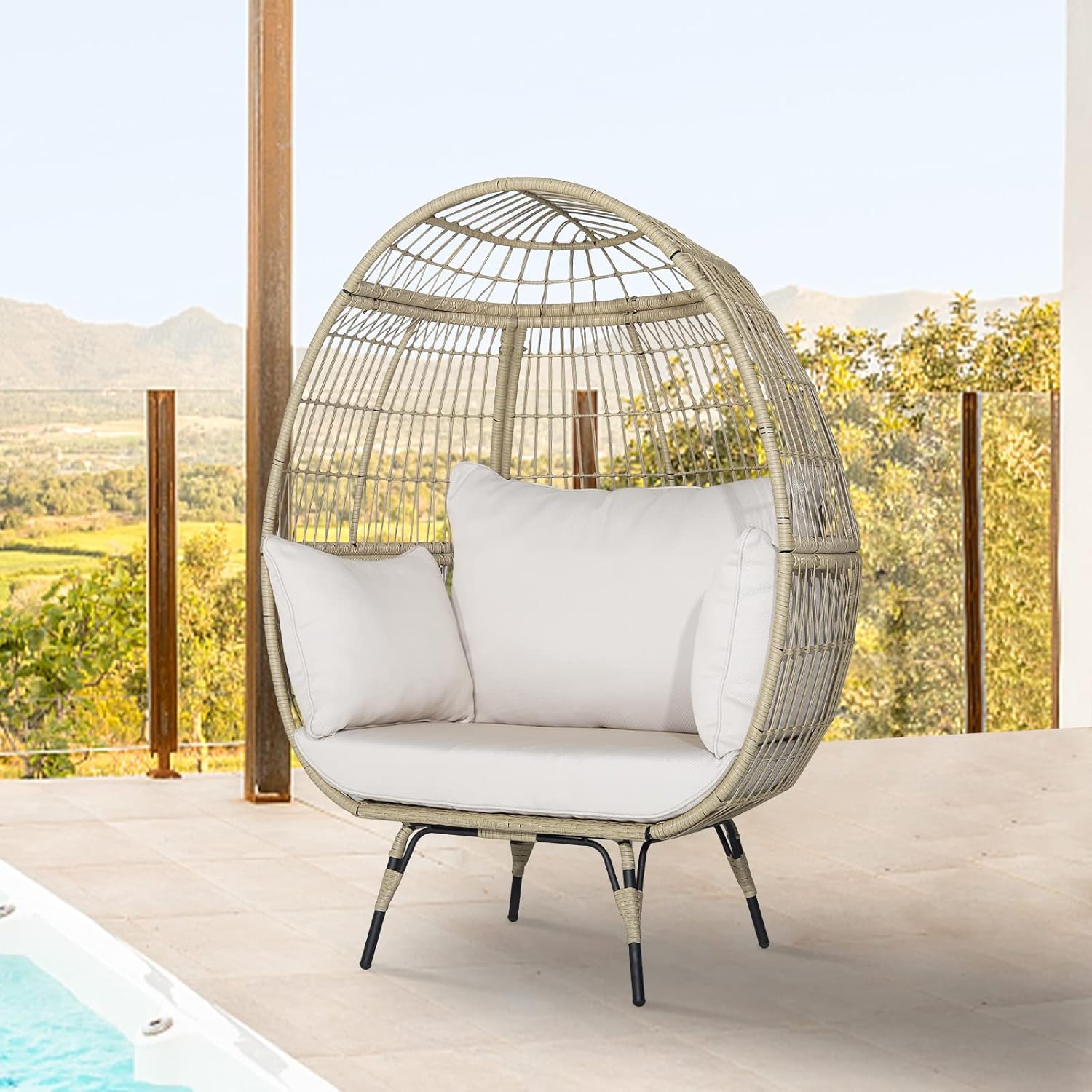Fauteuil Œuf en Rotin PE avec 4 Coussins Rembourrés, Charge 180KG, Chaise Relax avec Cadre en Métal, Convient pour Salon, Jardin, Terrasse, Patio, 110X82X145 CM