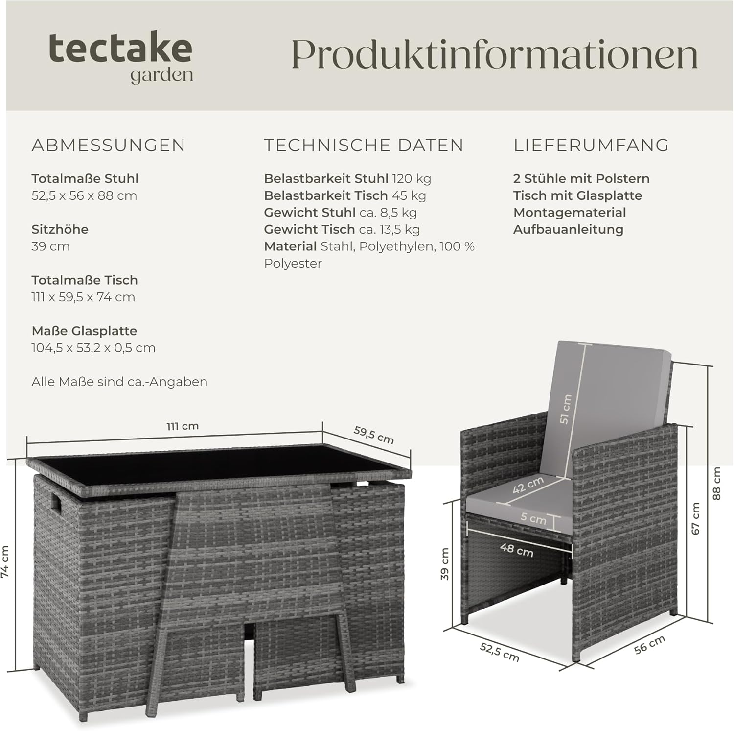tectake® Polyrattan garden furniture set for 2 people, outdoor furniture, foldable, takes up little space, 2 armchairs and 1 table, ideal lounge set for the balcony, garden furniture, patio furniture,