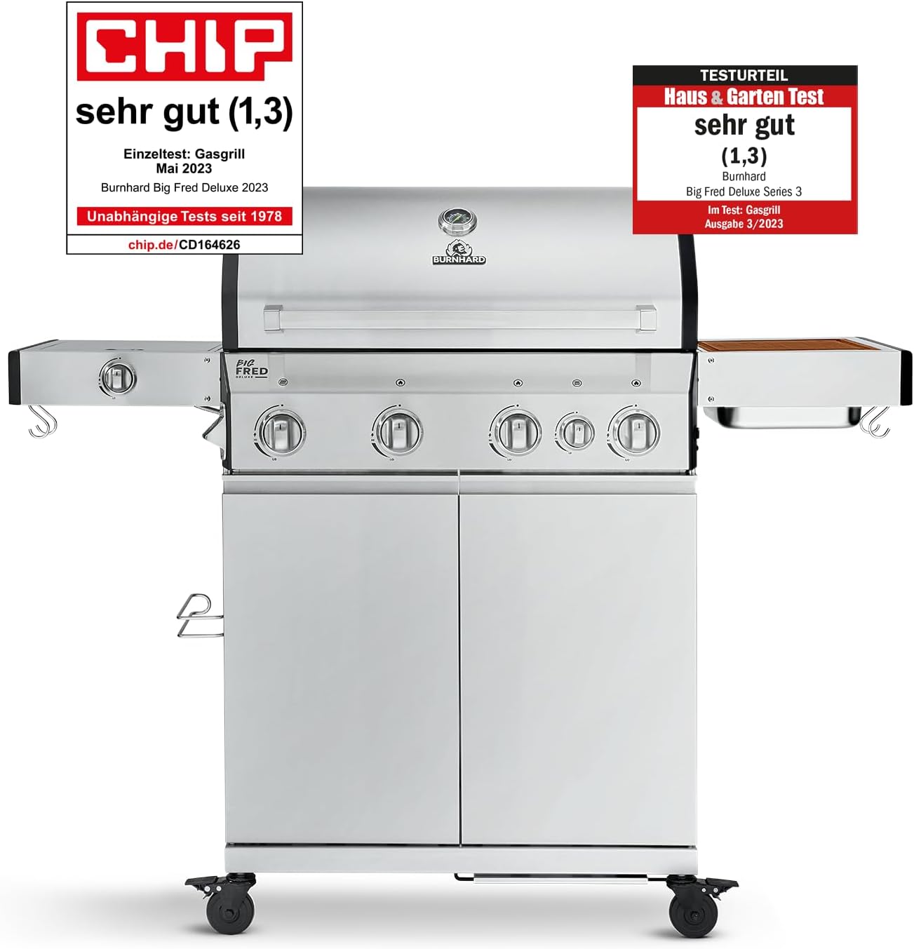 BURNHARD Big Fred Deluxe Series 3, 4-Burner Gas Barbecue Including Backburner, 900 °C Infrared Ceramic Burner, Side Hob, Cast Iron Cooking Grate, Grill Cover, Stainless Steel Grill Trolley + Folding