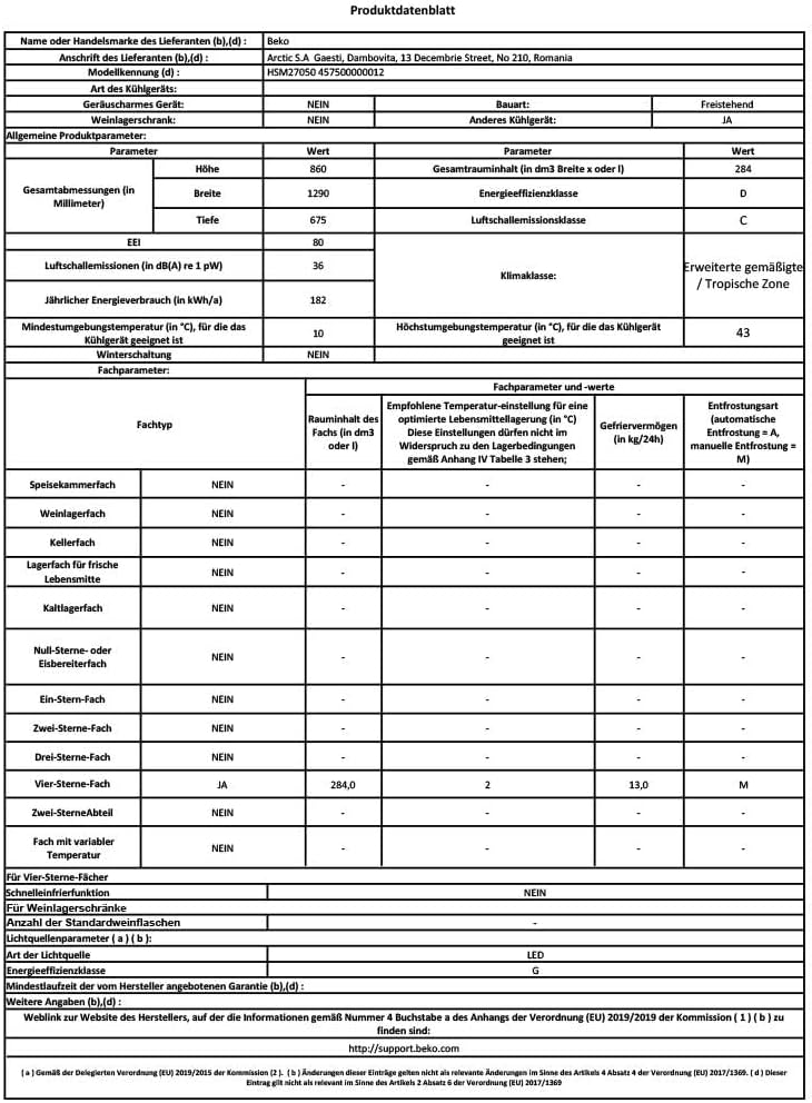 Beko HSM27050 Freezer, Freezer, 284 L Usable Volume, 2 Freezer Baskets, Temperature Alarm, Lockable, LED Display System, Interior Lighting, 36 dB (A), Transport Wheels, White [Energy Class D]