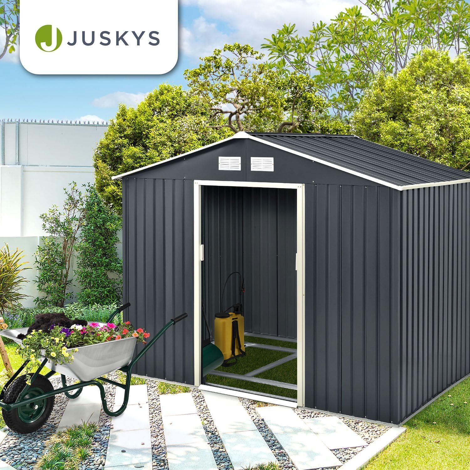Juskys 9m³ Metal Tool Shed with Sloped Roof, Sliding Door and Foundation - 277×191×192cm - Tool Shed Garden Shed Tool Shed