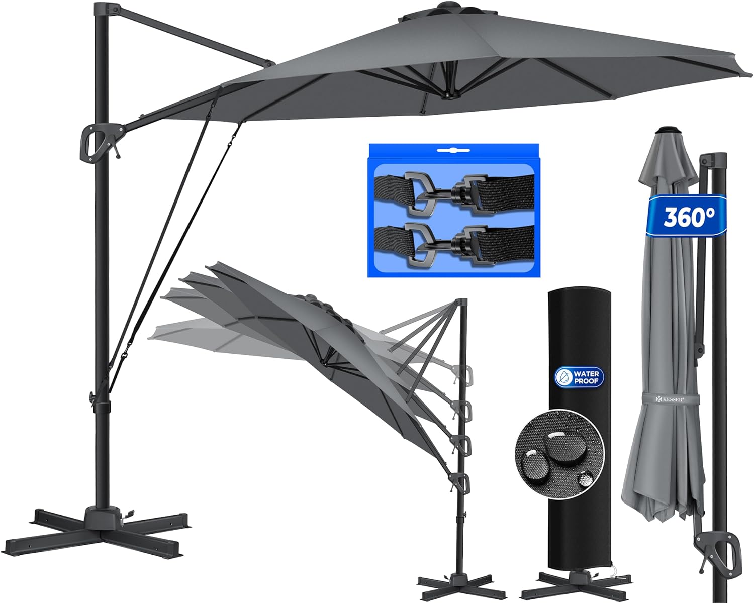 KESSER® Sun Parasol Round XL Diameter 330 cm Includes Cover + Wind Protection 7-Way Adjustable Tilting Large 360° Rotatable Garden Umbrella with Crank Sun Protection UV50+ Anthracite