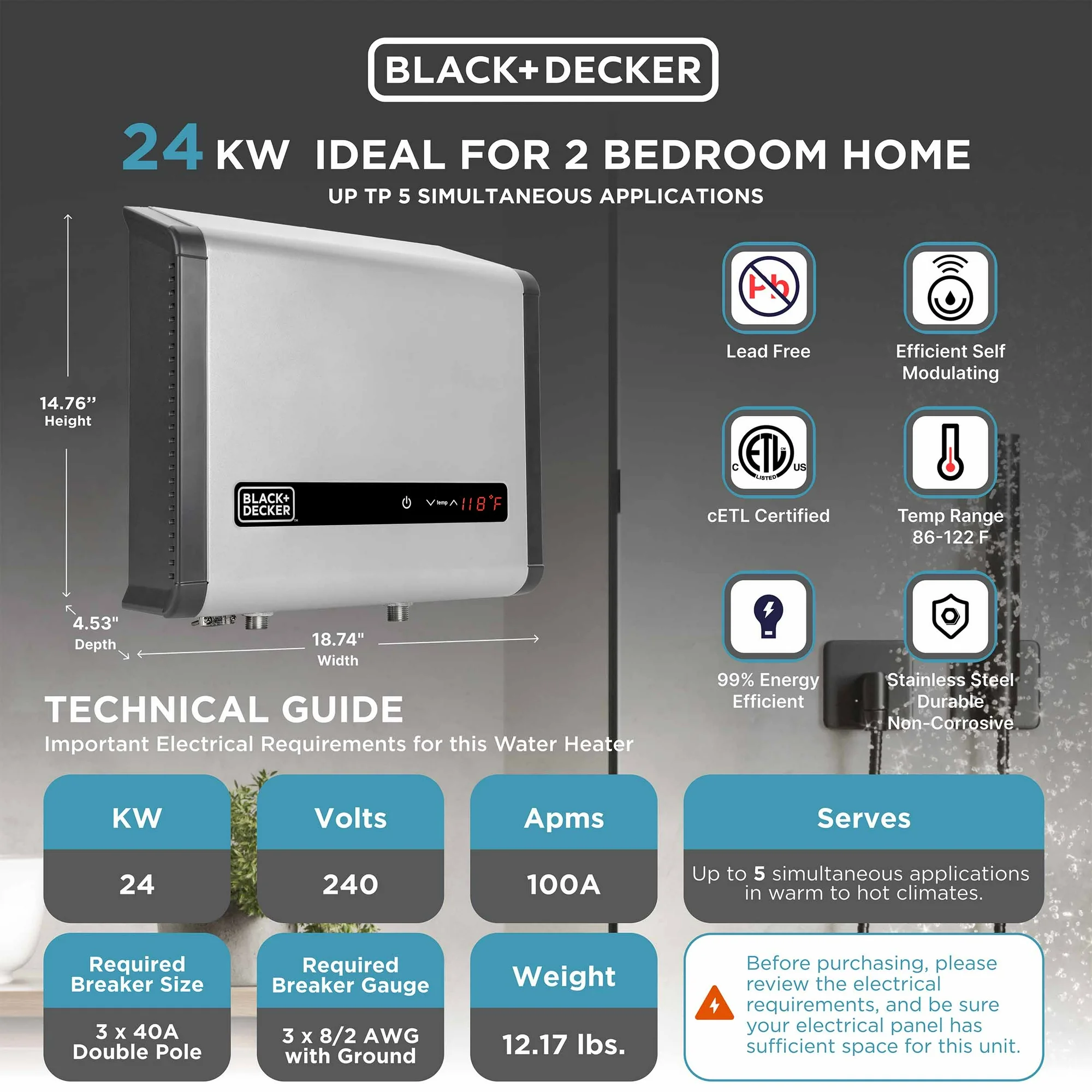 BLACK+DECKER 24 kW Self-Modulating 4.68 GPM Electric Tankless Water Heater, Multi-Application hot water heater electric
