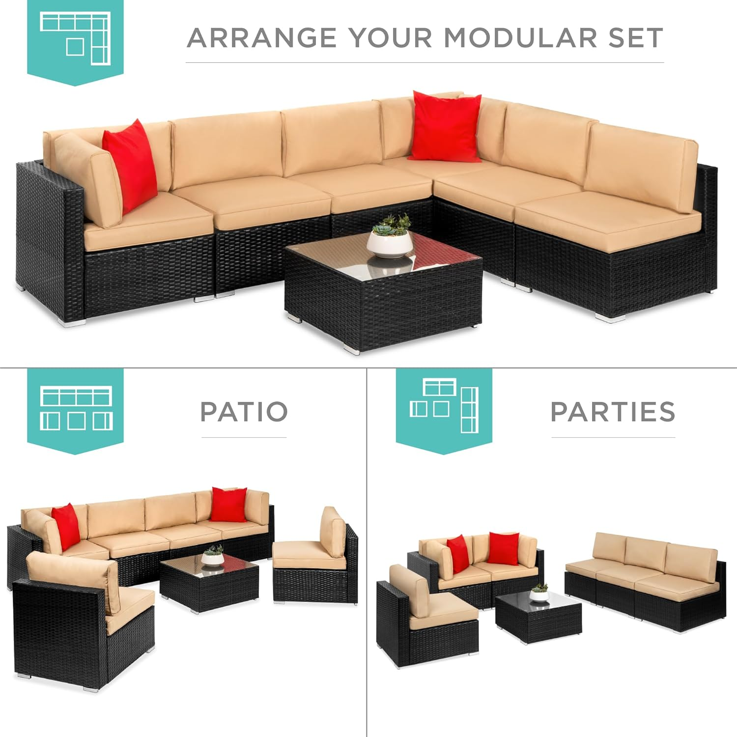 7-Piece Modular Outdoor Sectional Wicker Patio Conversation Set w/ 2 Pillows, Coffee Table