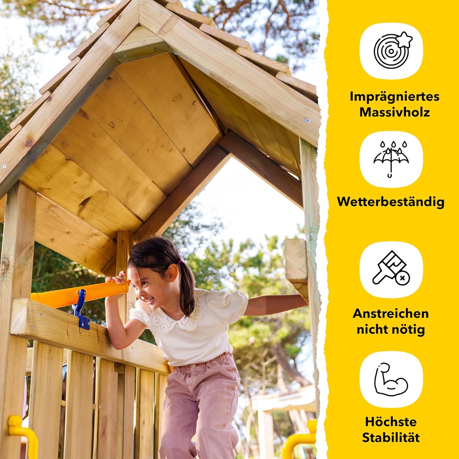 WICKEY MultiFlyer Play Tower Climbing Frame Wooden Roof with Swing and Green Slide, Climbing Tower with Wooden Roof, Sandpit, Ladder and Play Accessories