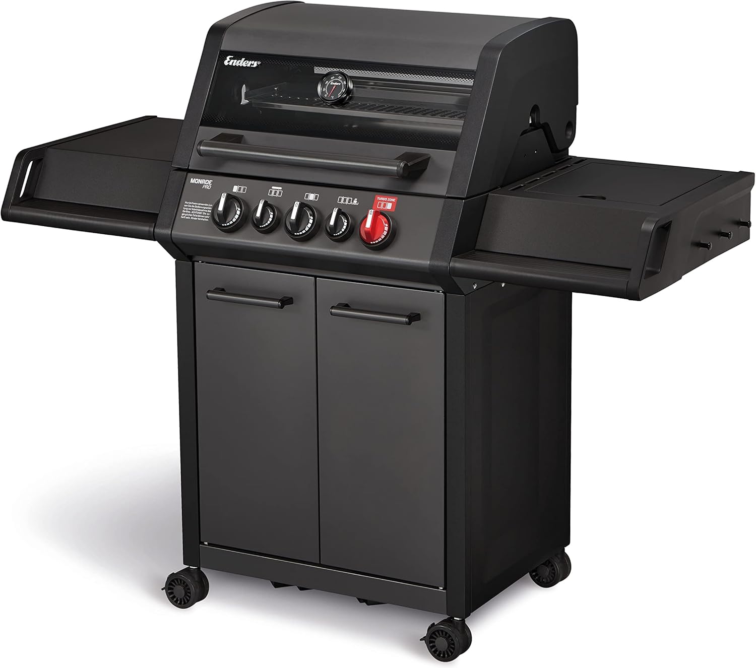 Enders® Monroe Pro Black 4 IK Turbo Gas Grill, 4-Burner, Infrared Back Burner, Side Burner, Enamelled Cooking Hood, Switch Grid™, Heat Range Burning System, 800 °C Turbo Zone™, Simple Clean™