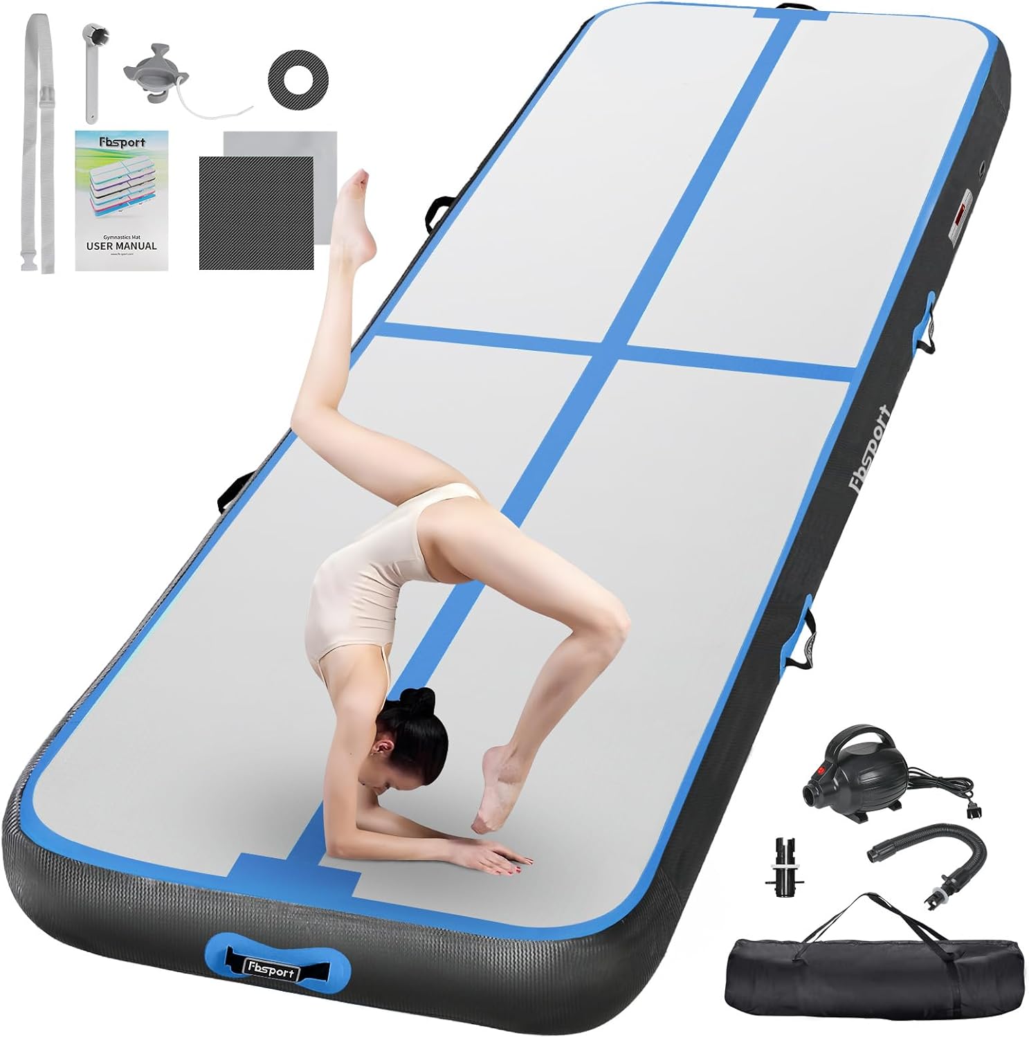 FBSPORT Airtrack Mat, 10/20 cm High Thick 2/3/4/5/6 / M Tumbling Mat, Gymnastics Mat with Air Pump, Training Mat with Carry Bag, Gym Mat for Home, Outdoor, Yoga, Exercise Gymnastics etc.