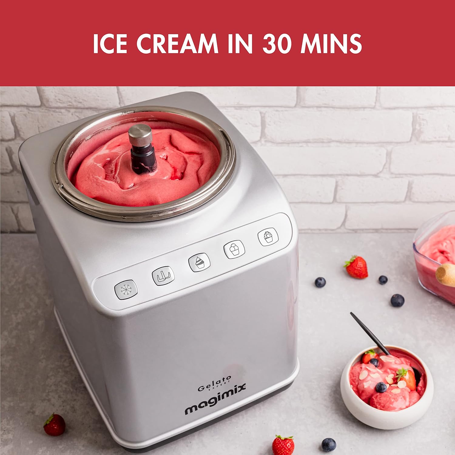 Magimix Gelato Expert | Frozen Dessert Maker with Built In Compressor | 2 x 2 L bowls | Makes Ice Cream, Gelato, Granita, Frozen Yoghurt, Sorbets | Satin, 11680