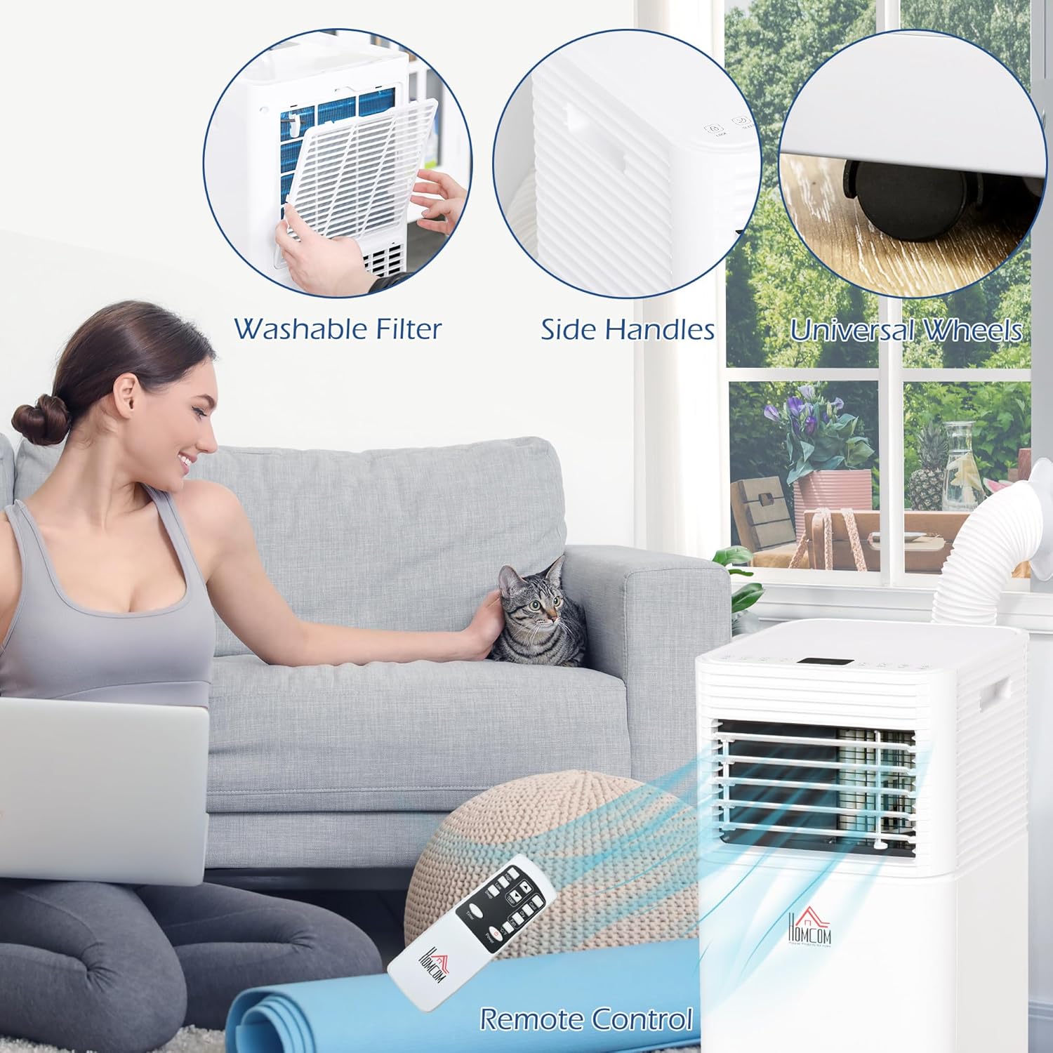 HOMCOM Portable Air Conditioner, 10,000 BTU Portable AC Unit with Dehumidifier & Fan, Sleep Modes, 24H Timer, Remote Control, Rooms up to 441 Sq. ft for Home, Office, White