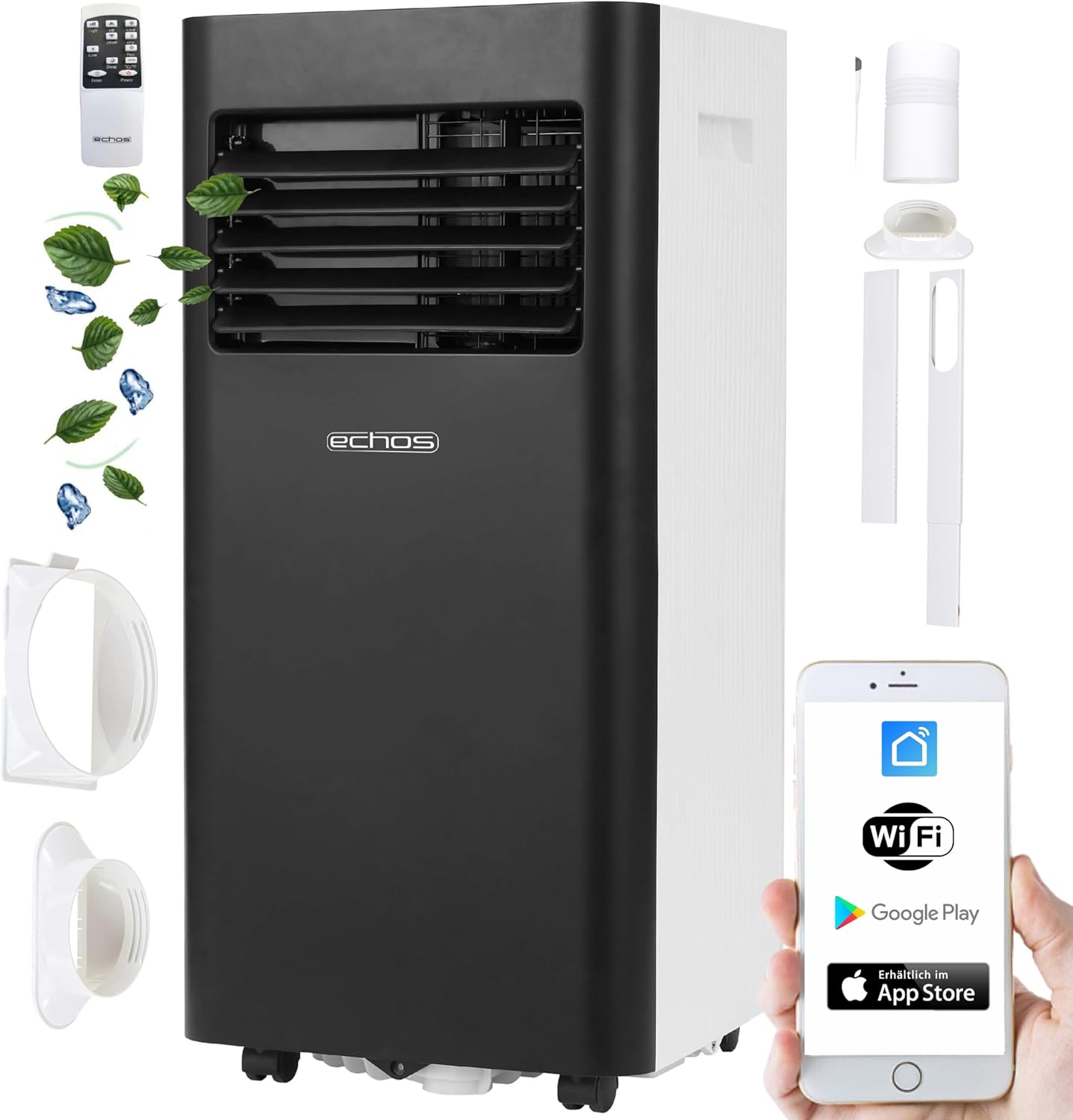 Echos Air Conditioning 3-in-1 WiFi Mobile Window Seal with Exhaust Hose 24 Hours Timer Remote Control 9000 BTU 3 Modes Air Cooler Air Conditioner Air Conditioner Air Conditioner [Energy Class A]