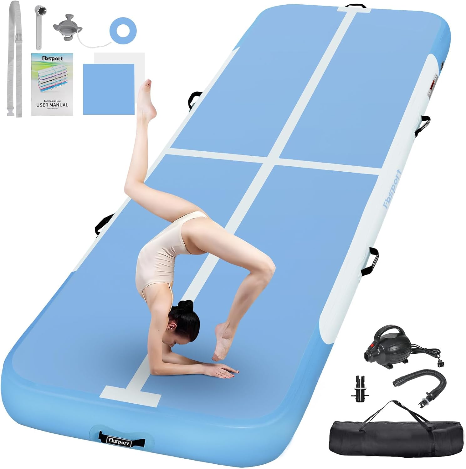 FBSPORT Airtrack Mat, 10/20 cm High Thick 2/3/4/5/6 / M Tumbling Mat, Gymnastics Mat with Air Pump, Training Mat with Carry Bag, Gym Mat for Home, Outdoor, Yoga, Exercise Gymnastics etc.