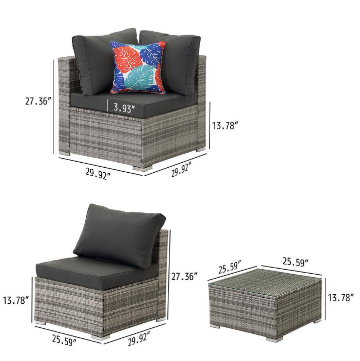 7-Piece Gray Wicker Outdoor Furniture Sectional Sofa with Dark Gray Cushion and Coffee Table