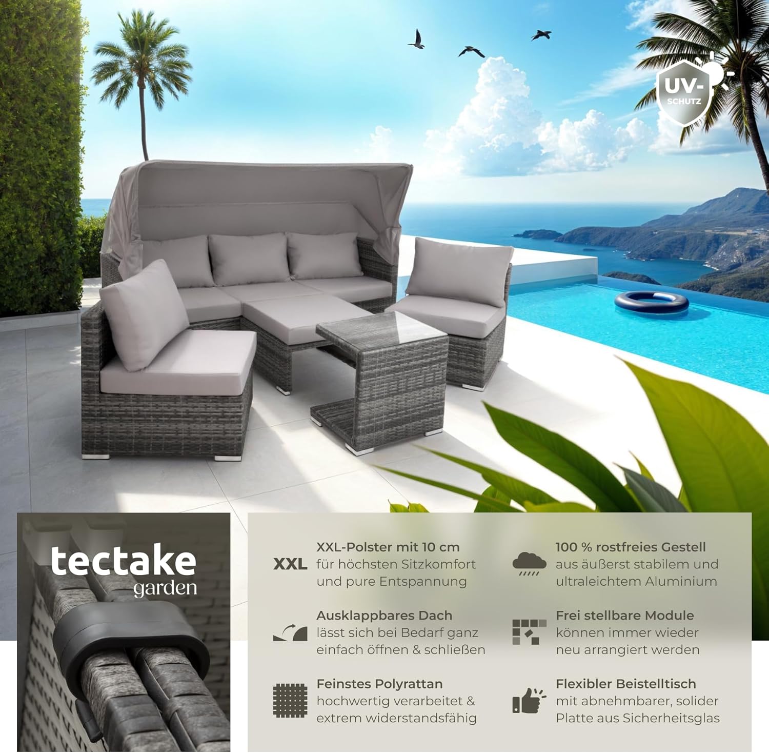 TecTake 800771 Aluminium Poly Rattan Lounge Set, 16-Piece, Weatherproof Garden Sofa with Sun Canopy, Outdoor Furniture Set Including Cushions and Side Table, Various Colours