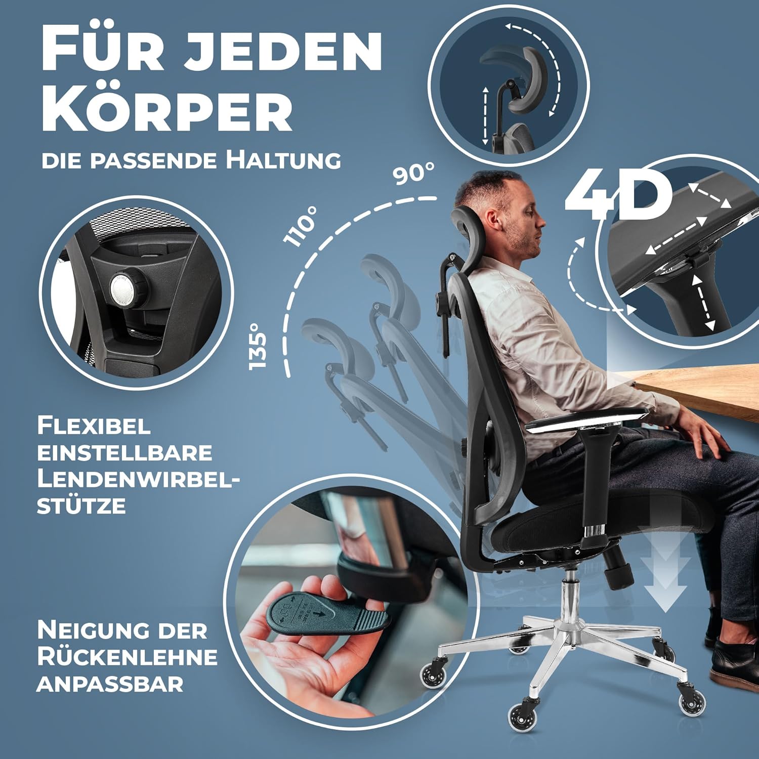 CLOUVOU CleverSeat Bürostuhl Ergonomisch [TESTSIEGER] Schreibtischstuhl 100% individuell einstellbar | Büro Stuhl & Gaming Stuhl | Computerstuhl Home Office Chair Ergonomic | Drehstuhl 150 kg