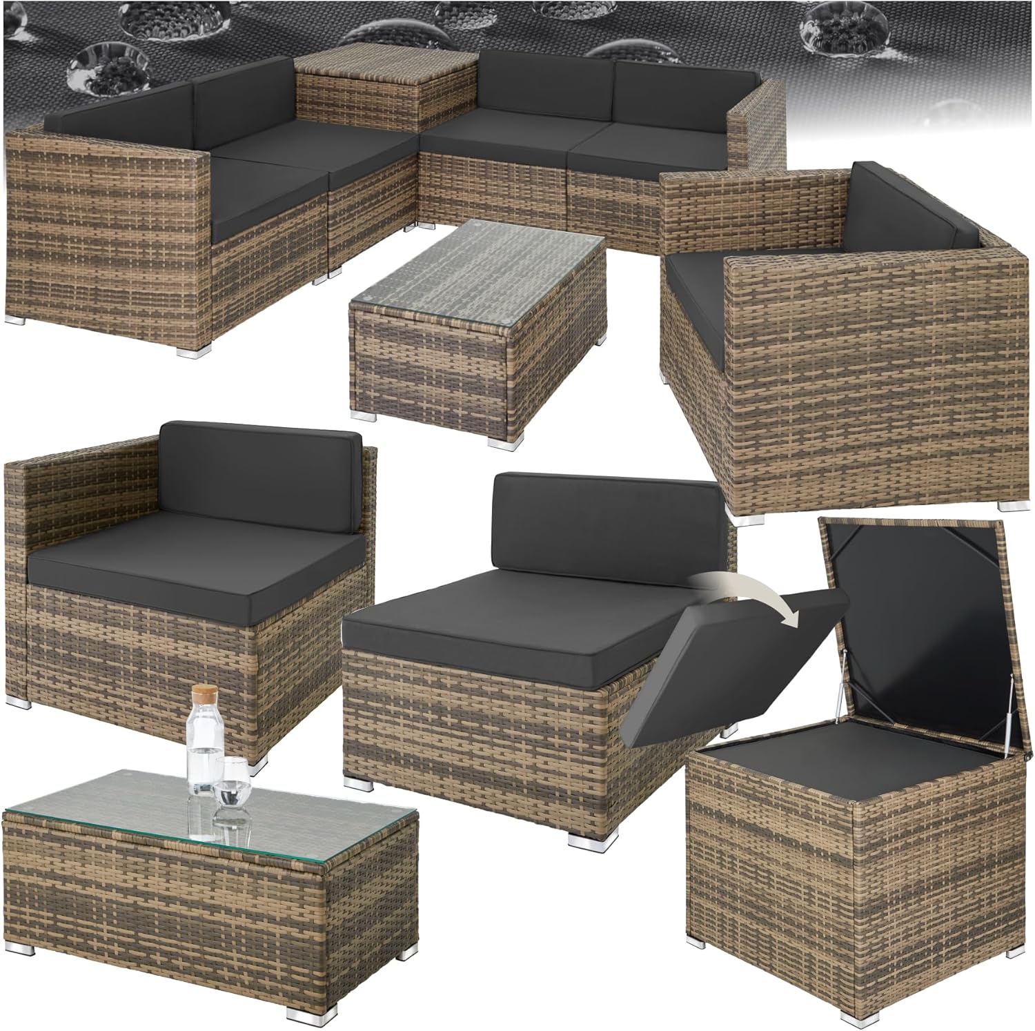 TecTake Polyrattan Seating Group with Storage Box for Upholstery, Table with Glass Top, Freely Groupable Garden Furniture Set, Rattan Lounge for the Garden – Balcony Furniture, Balcony Furniture, Small Balcony