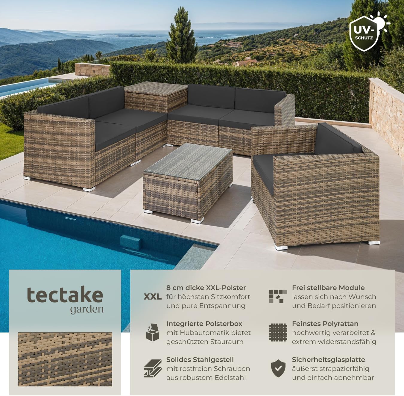 TecTake Polyrattan Seating Group with Storage Box for Upholstery, Table with Glass Top, Freely Groupable Garden Furniture Set, Rattan Lounge for the Garden – Balcony Furniture, Balcony Furniture, Small Balcony