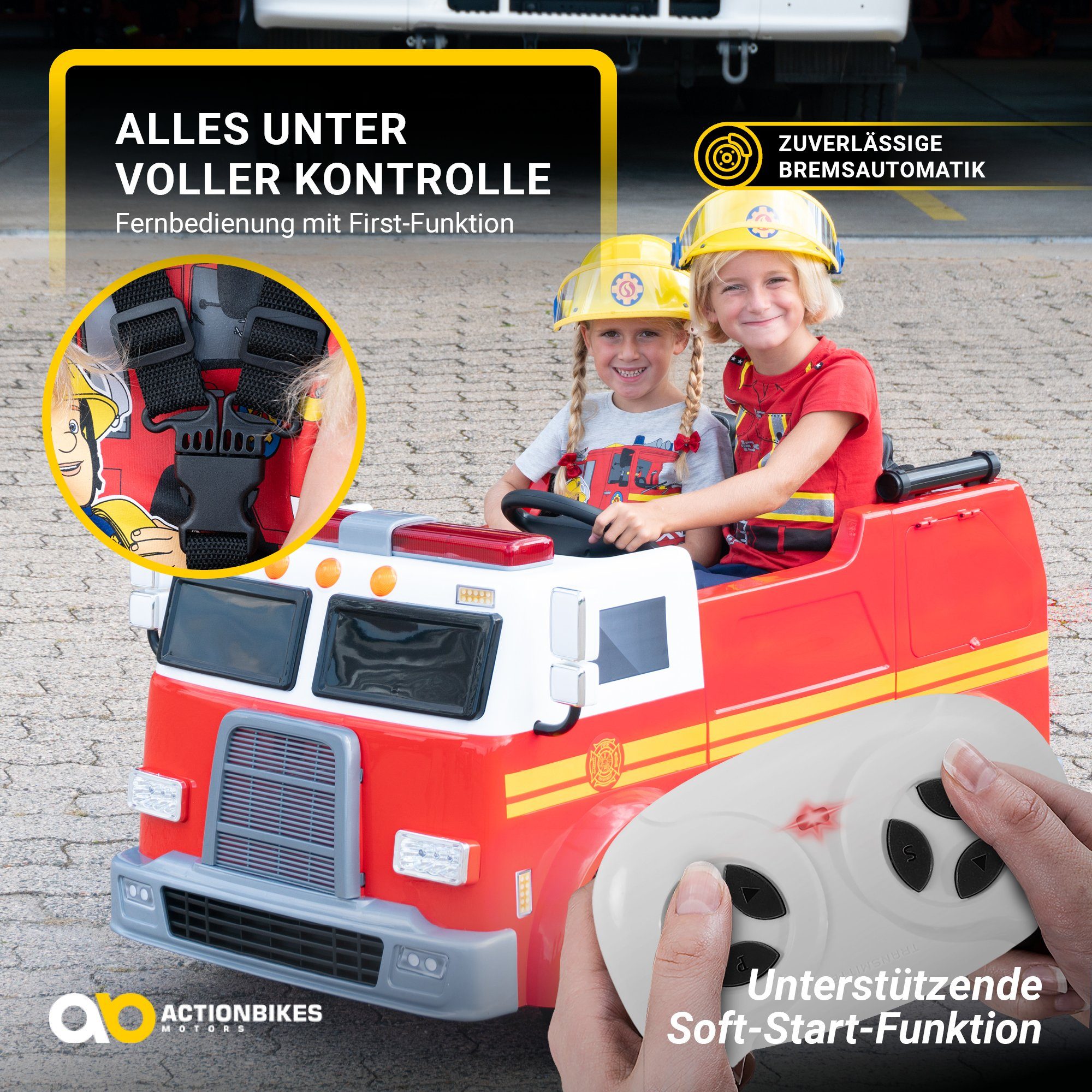 Actionbikes Motors Electric children's car children's fire brigade car LL911 electric - remote control - syringe & siren, load capacity 40 kg, (2-piece), children's vehicle toy two-seater from 3 years old electric
