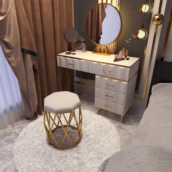 Modern White Extendable Makeup Vanity 5 Drawers Dressing Table Set with Stool and Mirror