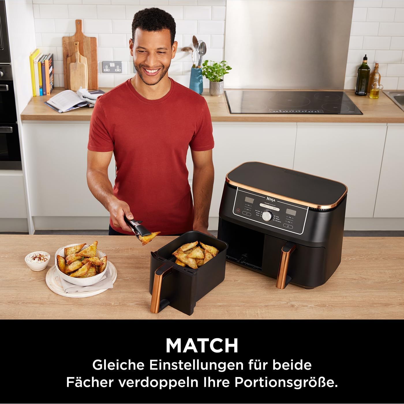 Ninja Foodi MAX Dual Zone Heißluftfritteuse, 9,5L Airfryer, 2 Fächer, mit Zange, Antihaftbeschichtung, spülmaschinenfeste Körbe, 6-in-1, Amazon Exklusiv, Kupfer/Schwarz, AF400EUCP