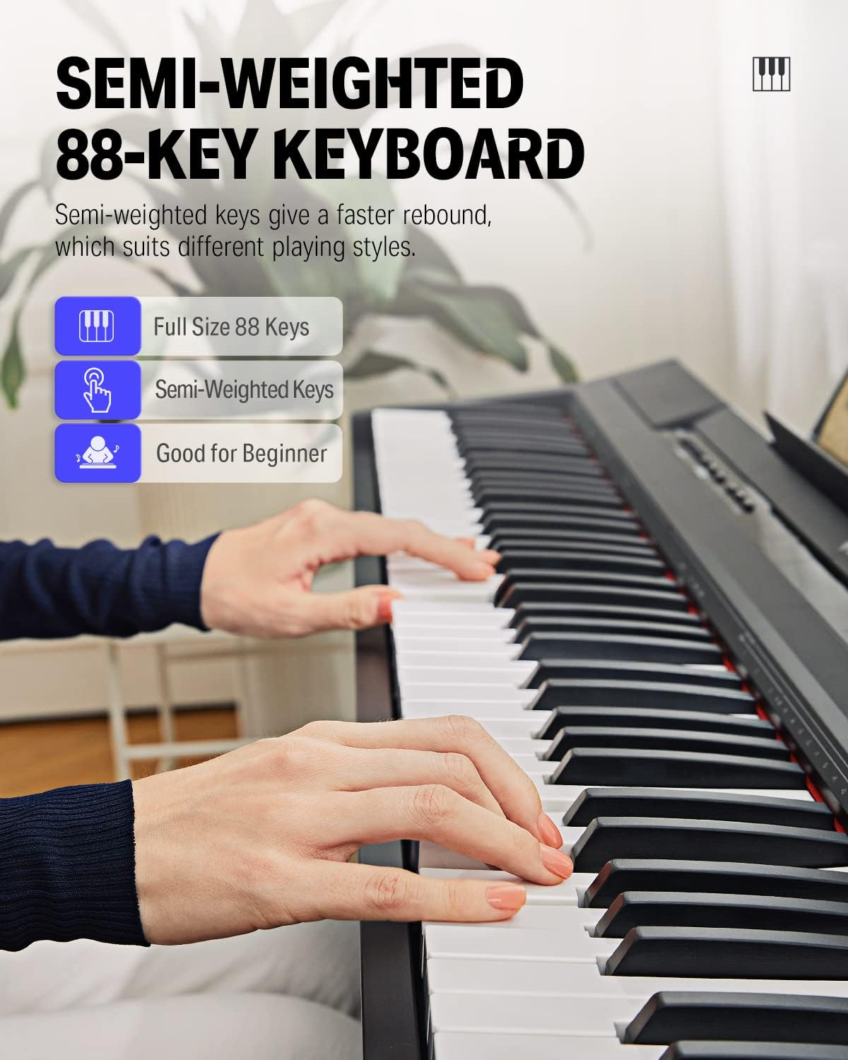 Donner E-Piano 88 Tasten, Halb Gewichteten Anfänger Klavier, Digital Piano mit Abnehmbarer Klavierständer und Pedal, DEP-10S