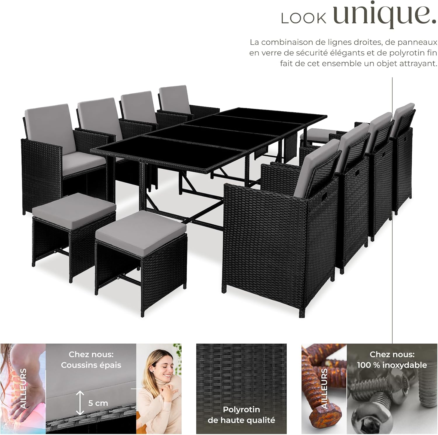 TecTake Rattan Garden Furniture Set - Outdoor Dining Set with 8 Comfortable Chairs, 4 Stools, and 1 Table - Balcony and Patio Furniture - Black/Grey