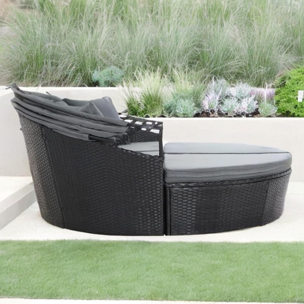 EVRE Bali 3 Piece Modular Round Rattan Wicker Patio Garden Furniture Daybed Sun Lounger Set